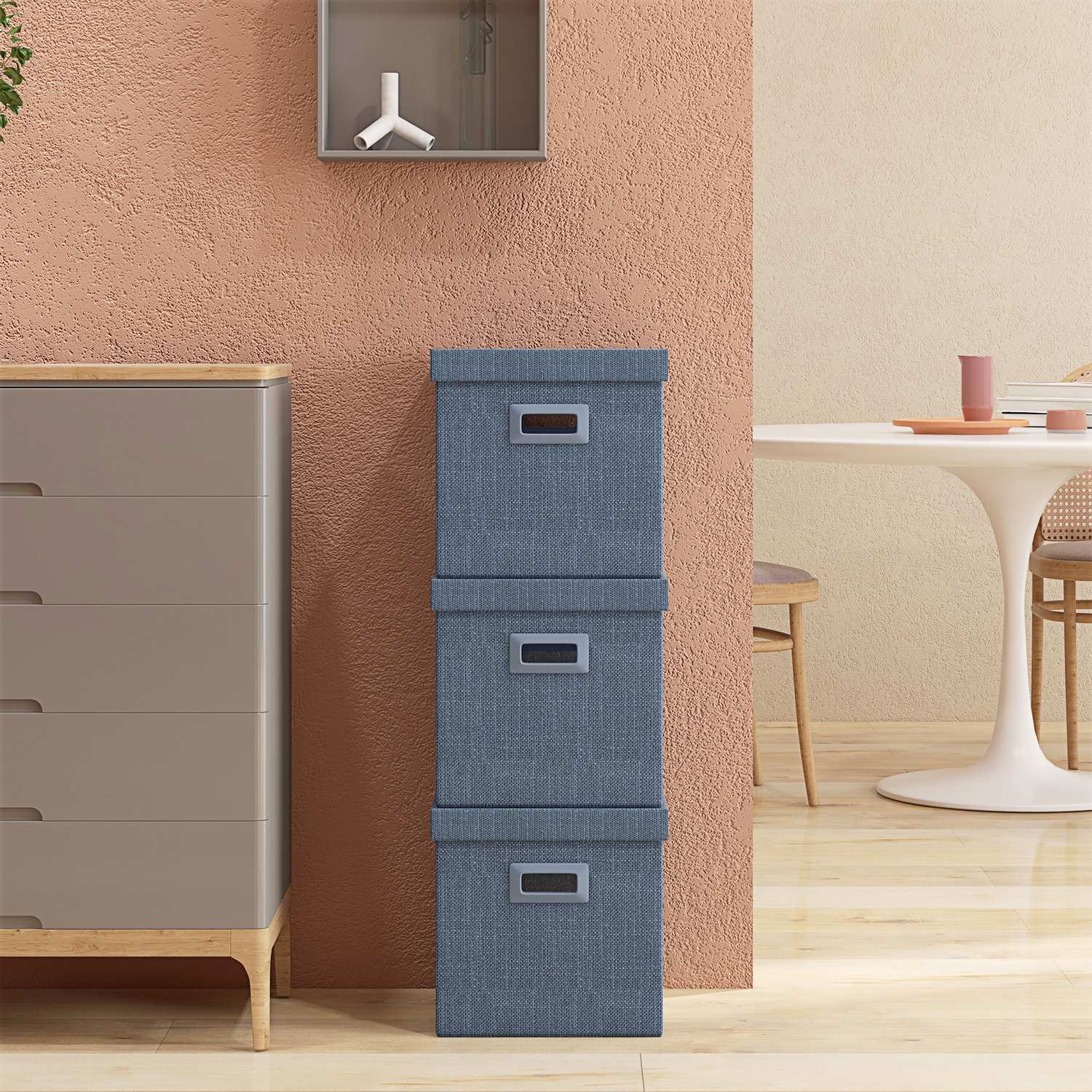 Stapelbara blå förvaringskuber Set om 3, hopfällbara – 30x30x29 cm