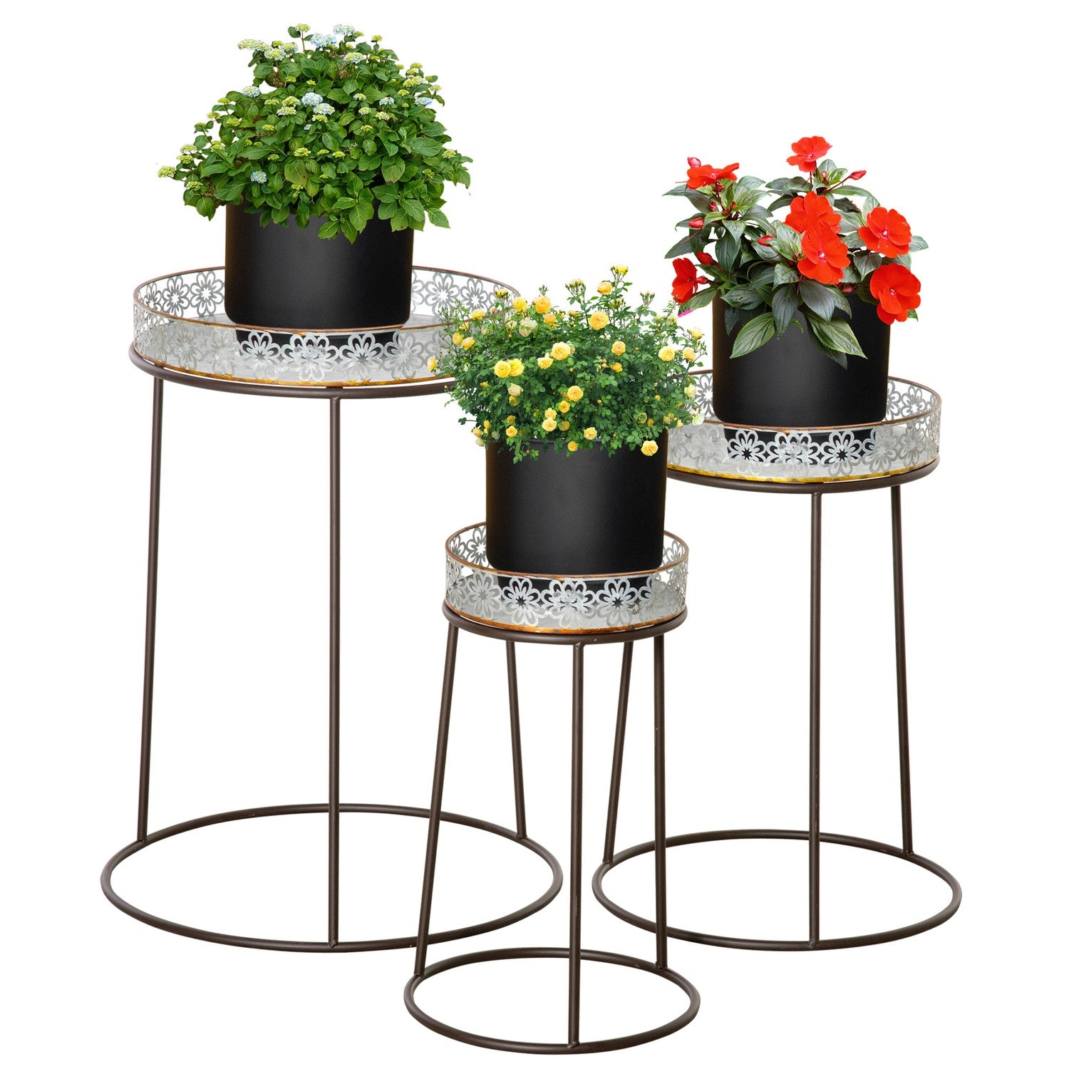 Stapelbara blomsterställ i metall, kaffe/silver, 3 st