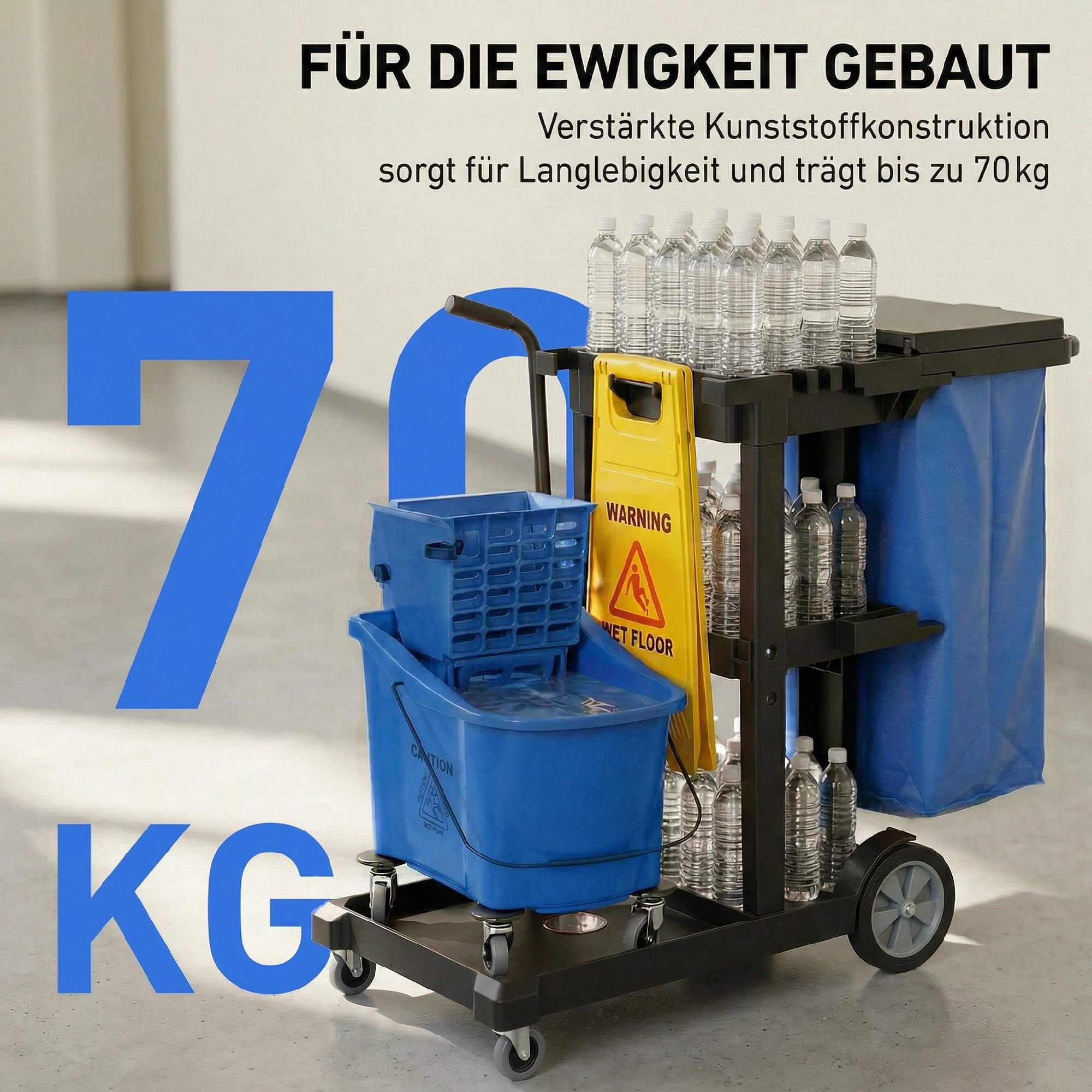 Städvagn med 3 hyllor, 70 liters påse, mopphink, blå