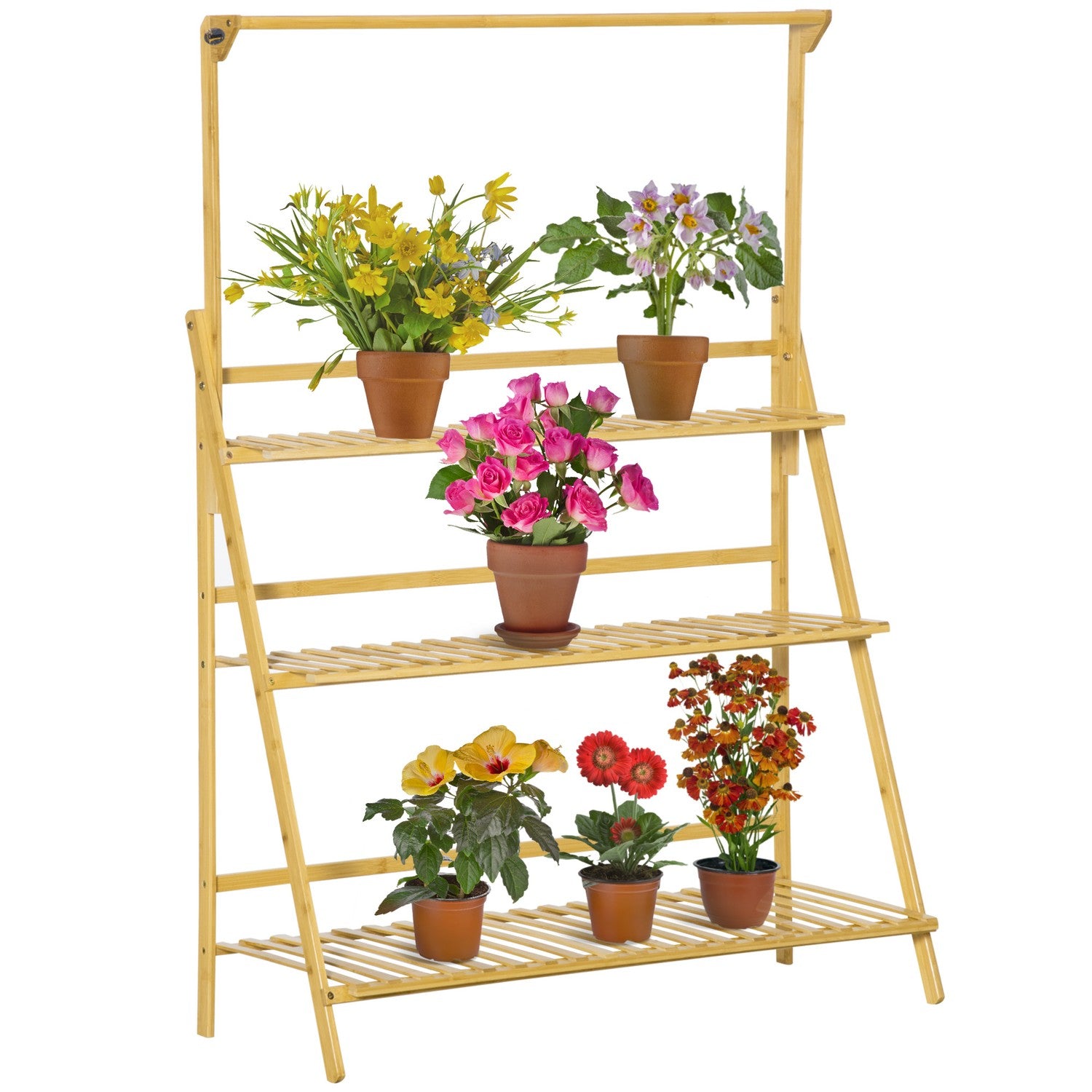 Stegehylla i trä med blommor – justerbar höjd, naturlig bambu