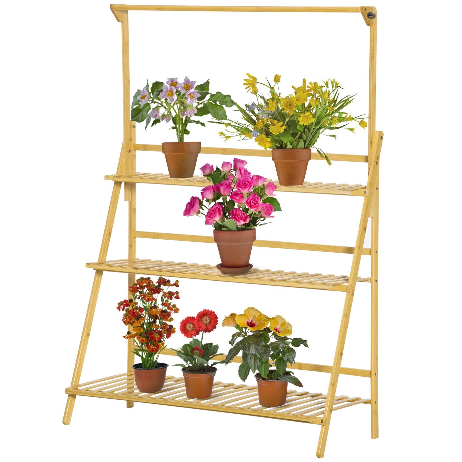 Stegehylla i trä med blommor – justerbar höjd, naturlig bambu