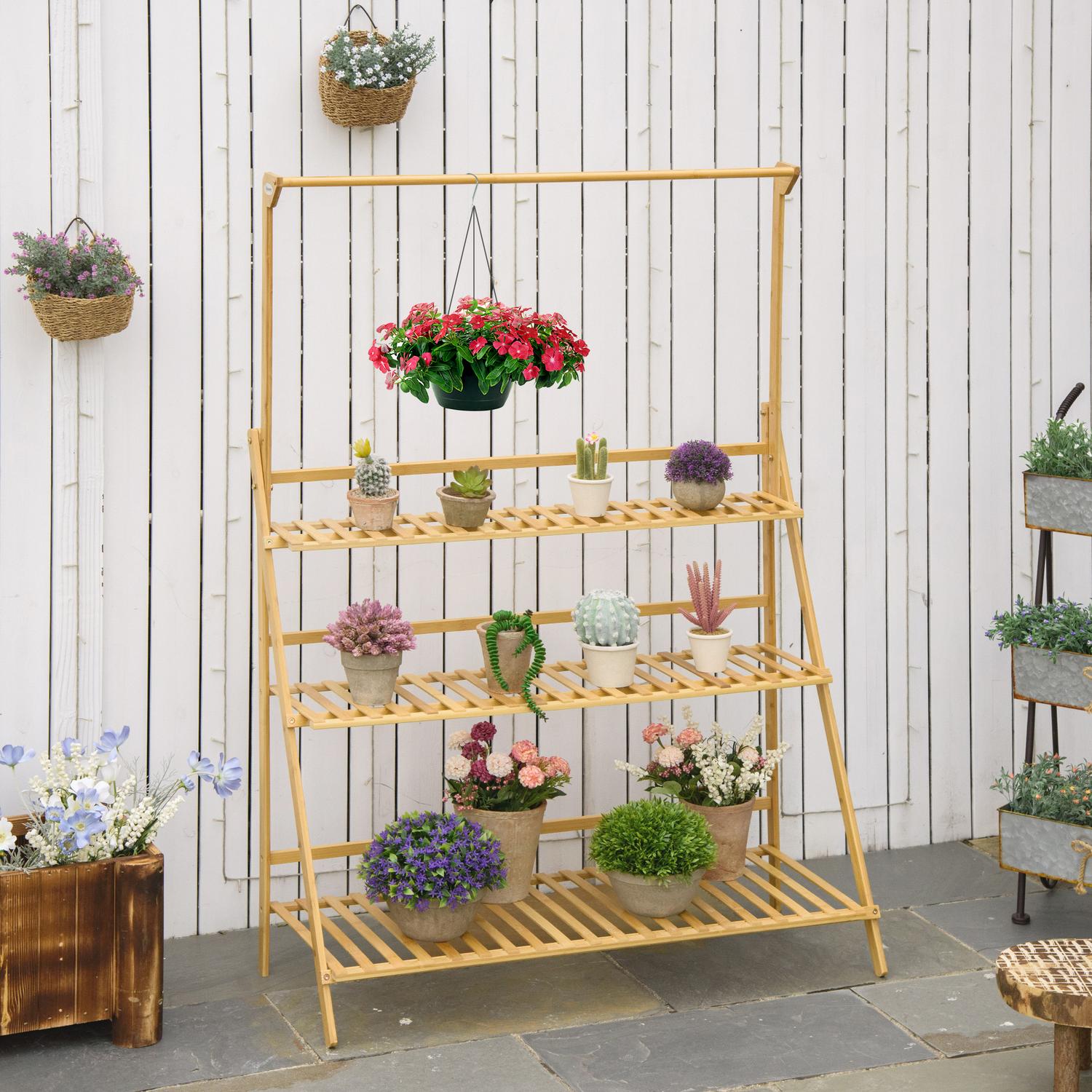 Stegehylla i trä med blommor – justerbar höjd, naturlig bambu