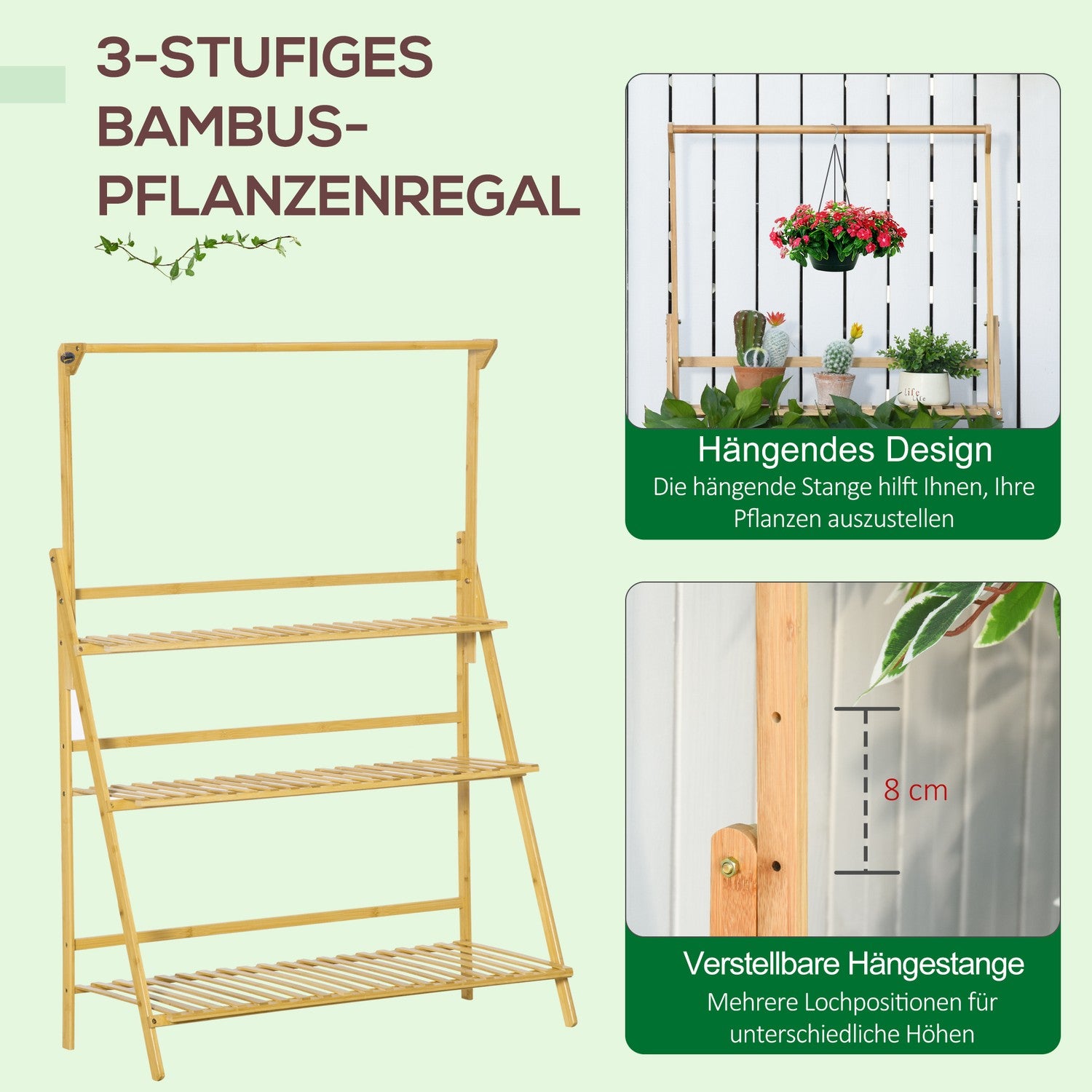 Stegehylla i trä med blommor – justerbar höjd, naturlig bambu