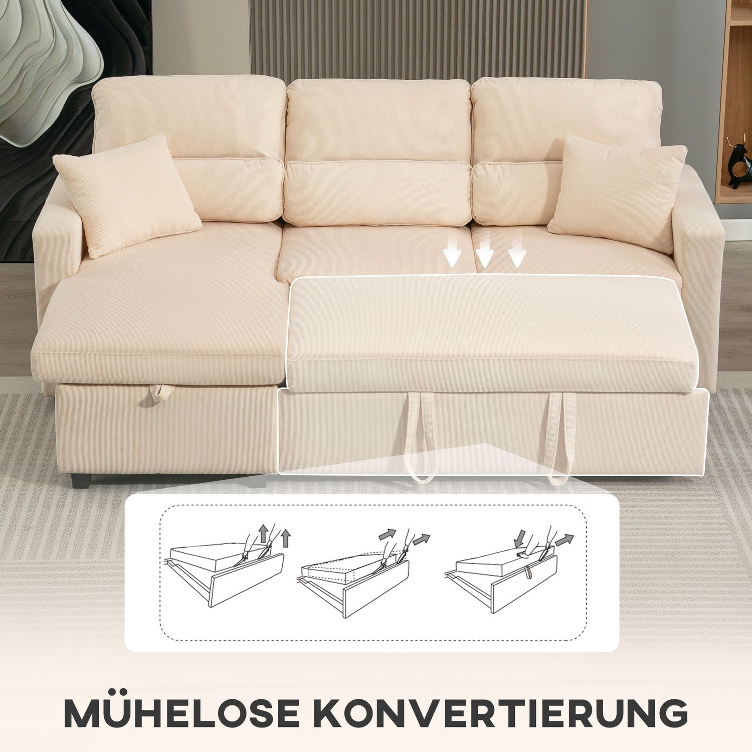 Ställbar L-formad bäddsoffa med förvaring, beige