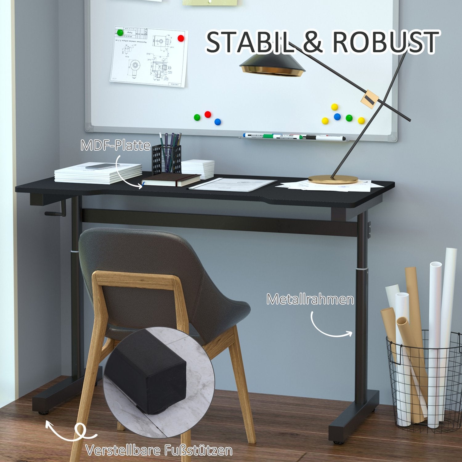 Ställbart ståbord, handvevslyft, svart, 120x60 cm