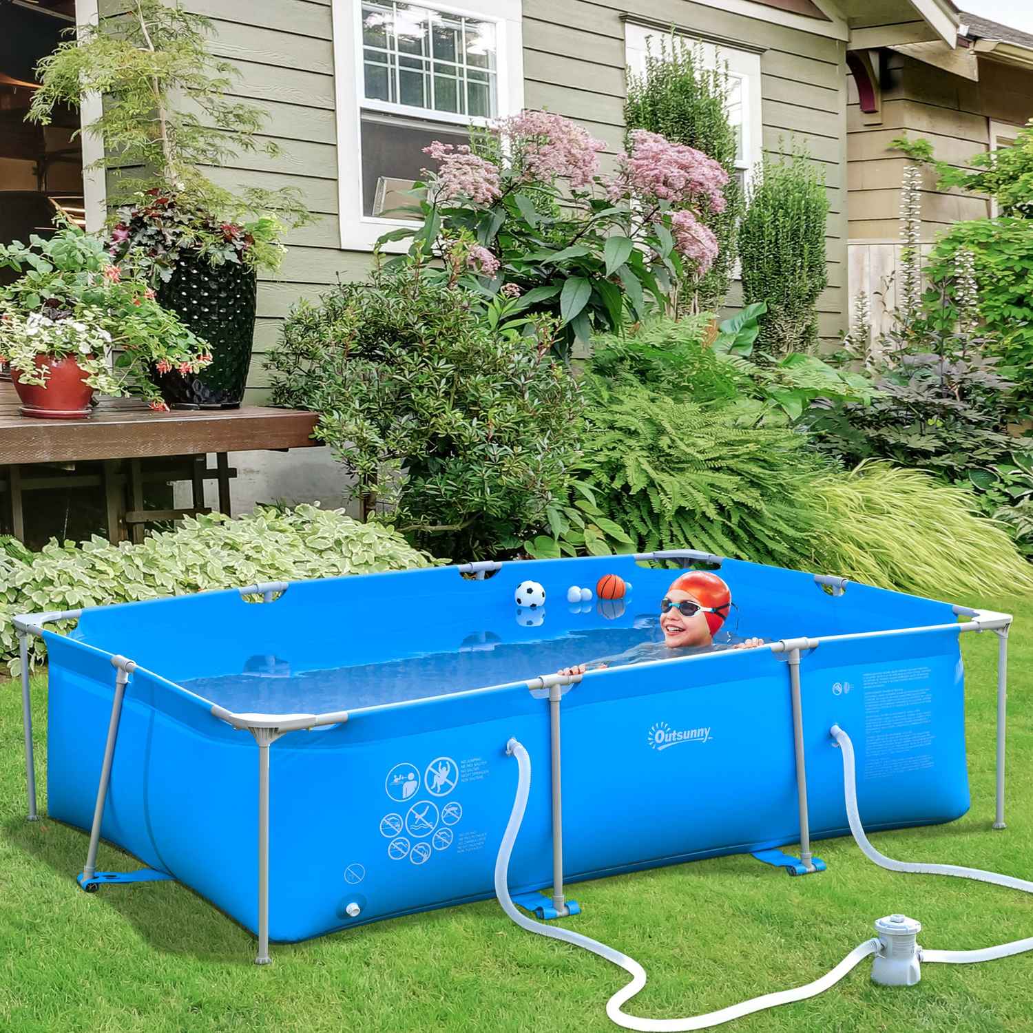 Stålramspool med dräneringsventil, blå PVC, 315x225x75 cm