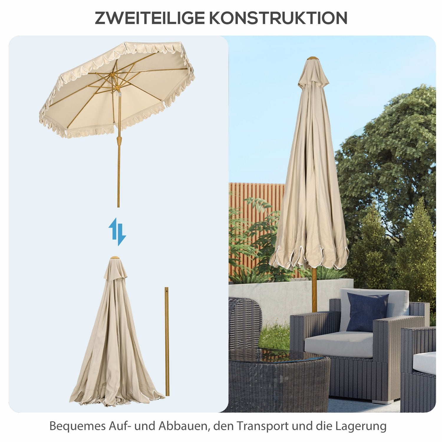 Strandparaply 265 Cm, fransdesign, justerbar lutning, kaki
