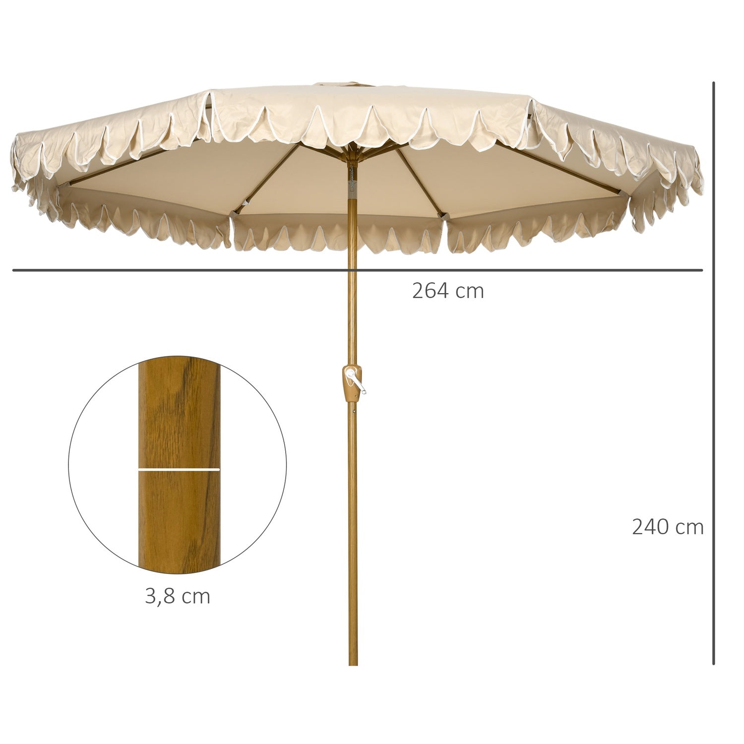 Strandparaply 265 Cm, fransdesign, justerbar lutning, kaki