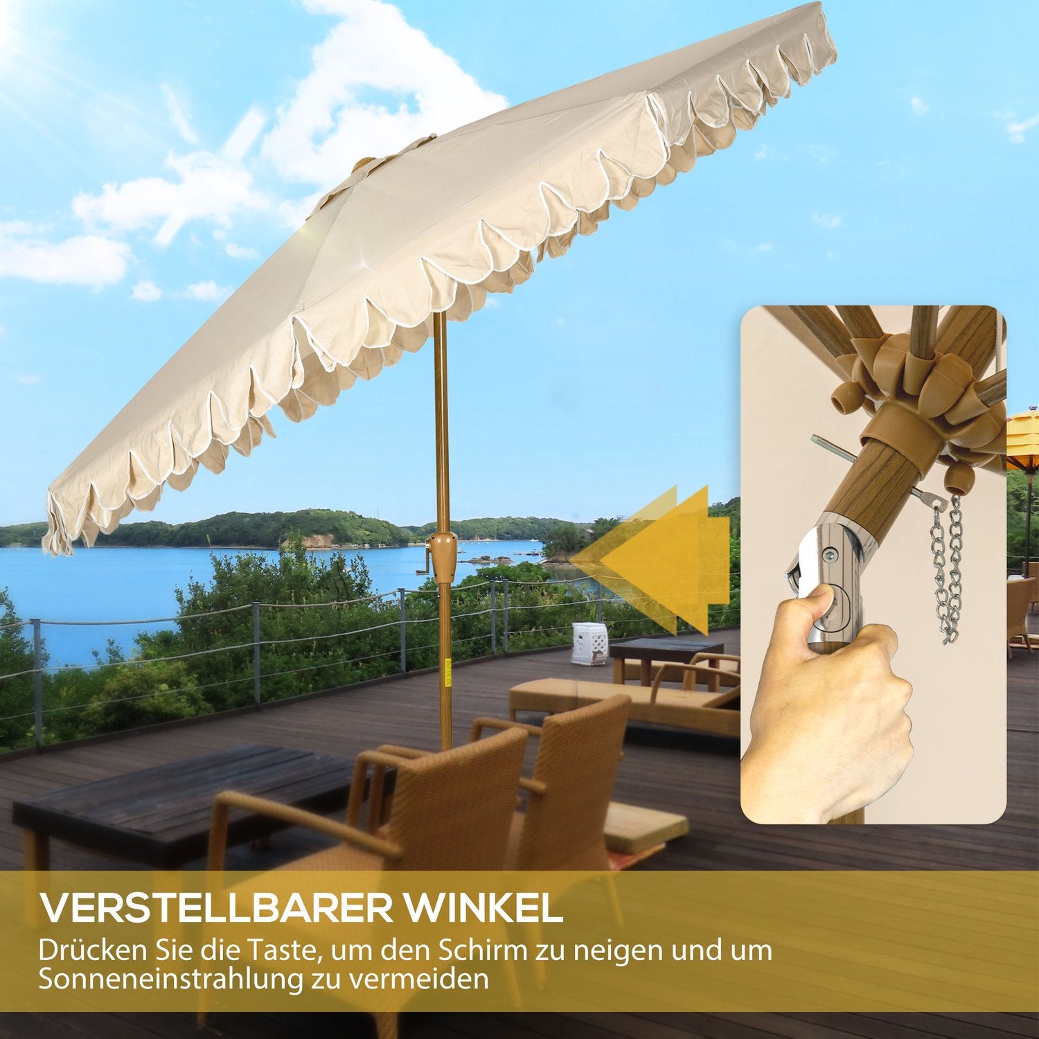 Strandparaply 265 Cm, fransdesign, justerbar lutning, kaki