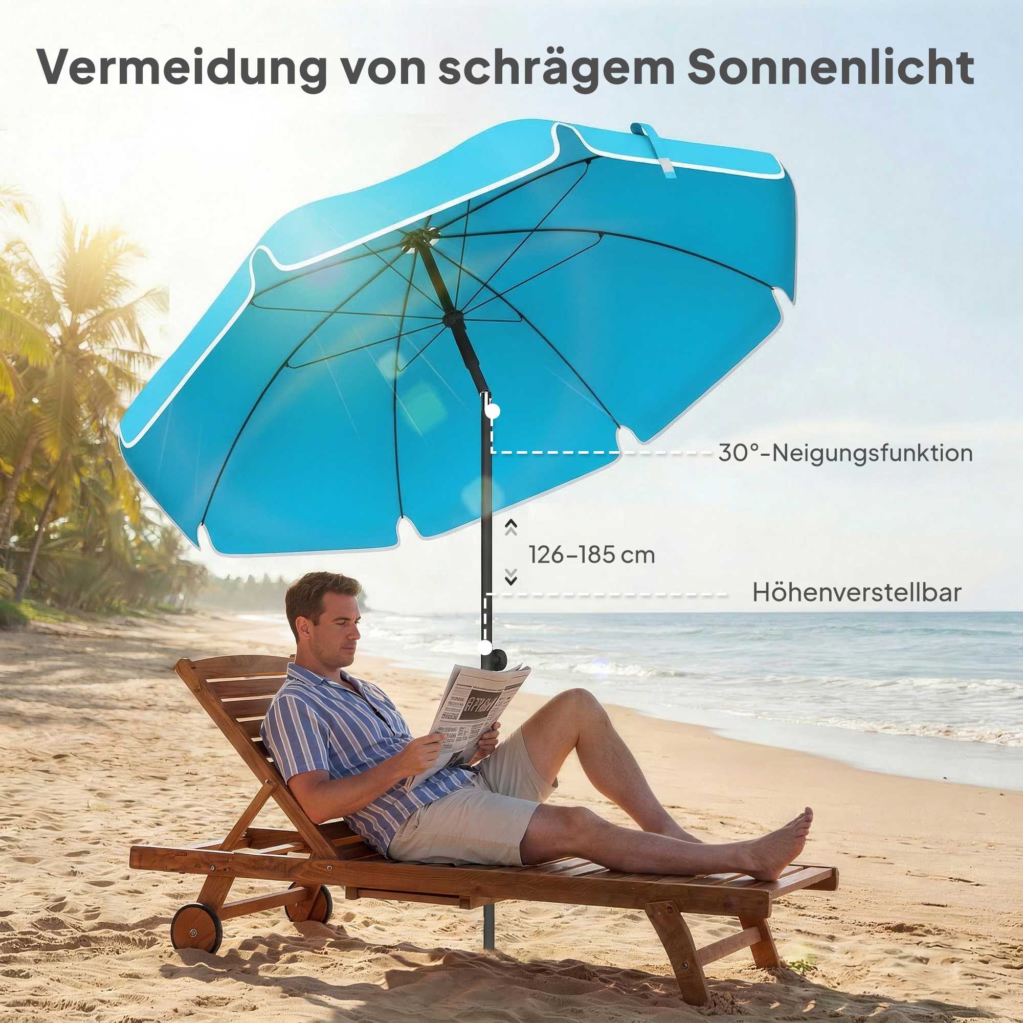 Strandparasoll, 150 cm, justerbar lutning, sandankare, blå