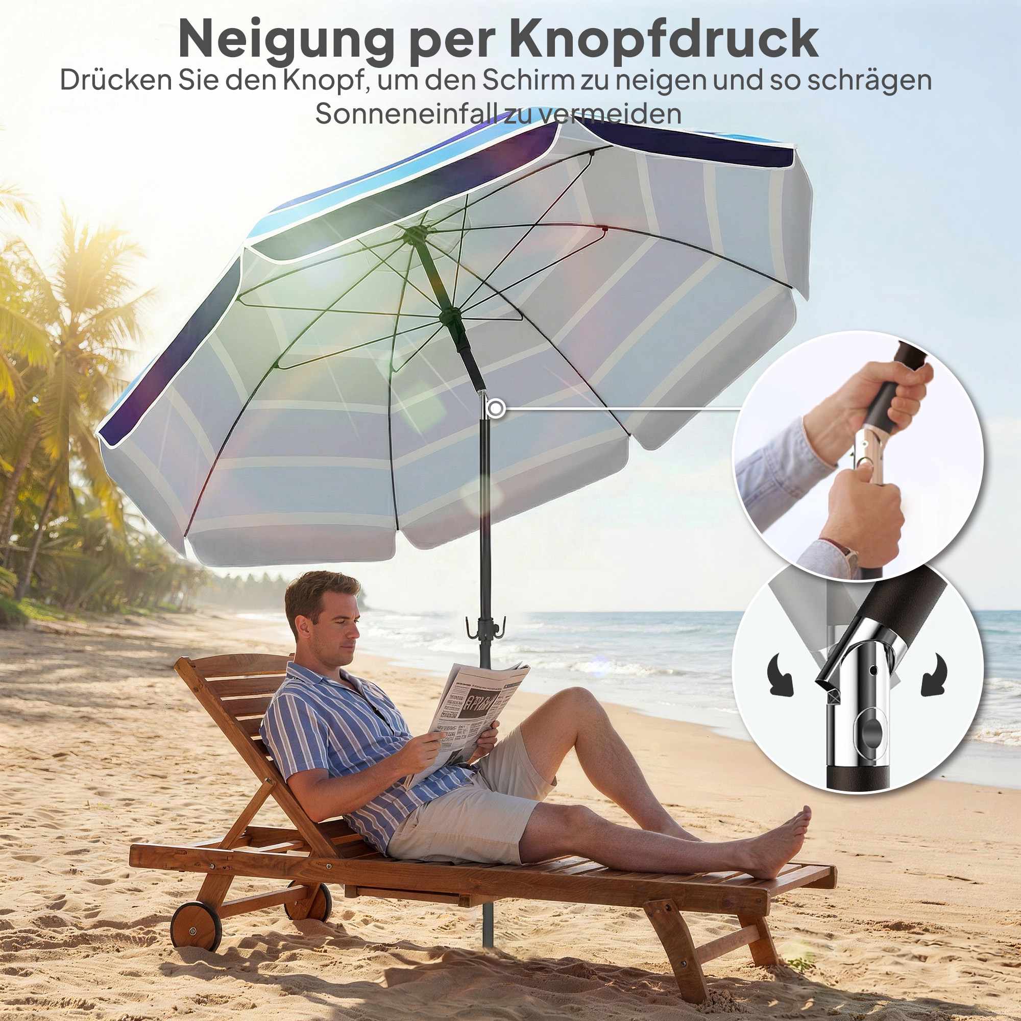Strandparasoll med bord, UV30+, justerbar lutning