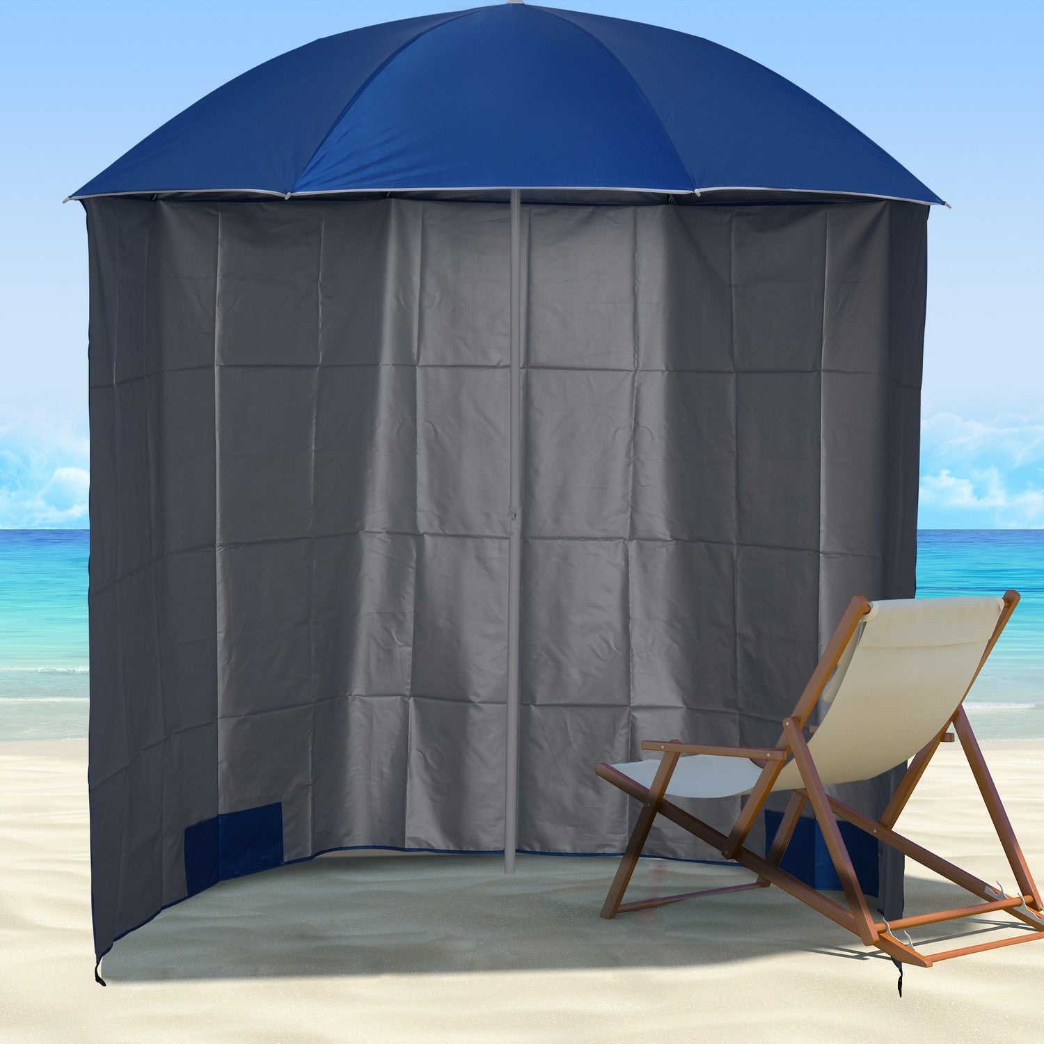 Strandparasoll med sidovägg, blå polyester, 2,2m