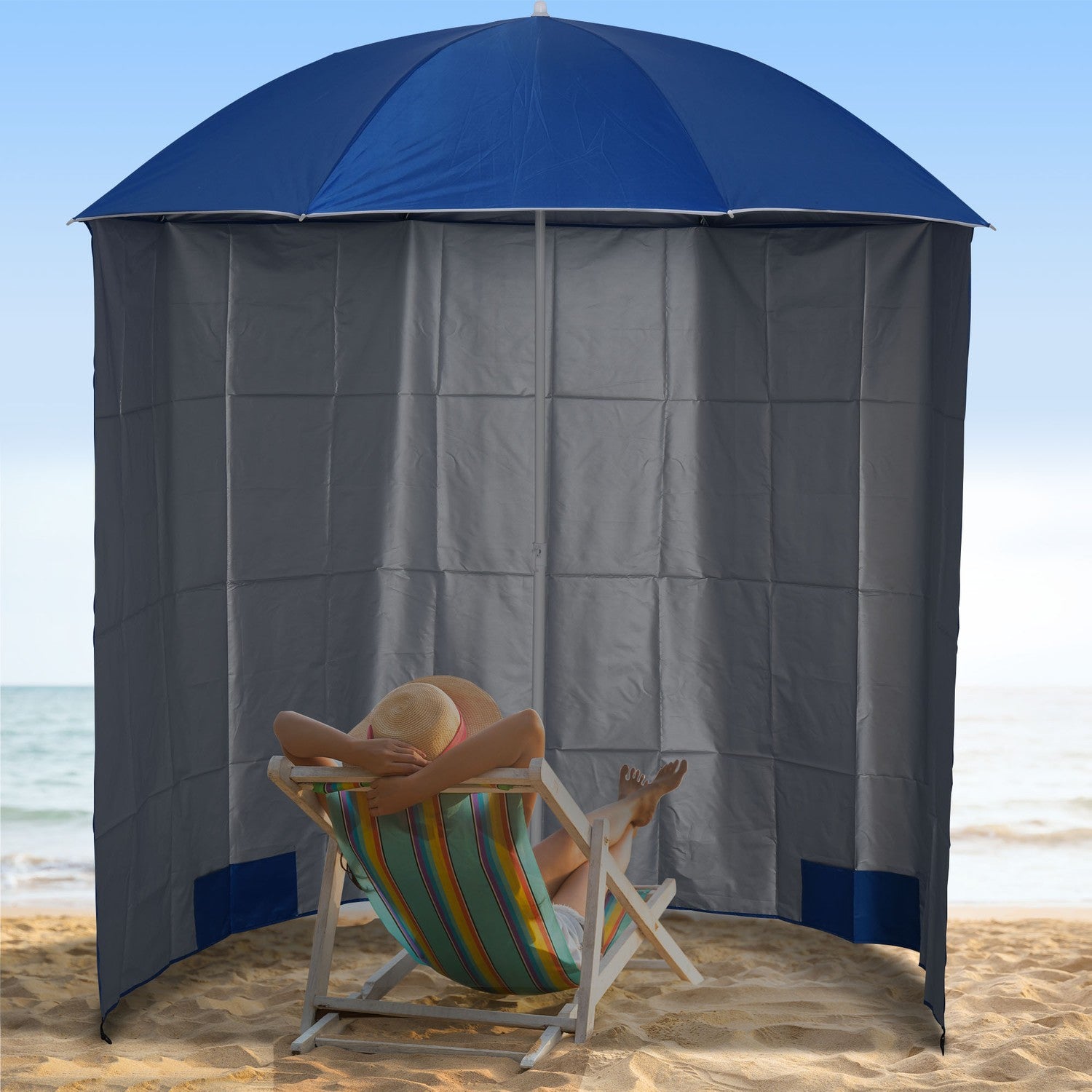 Strandparasoll med sidovägg, blå polyester, 2,2m