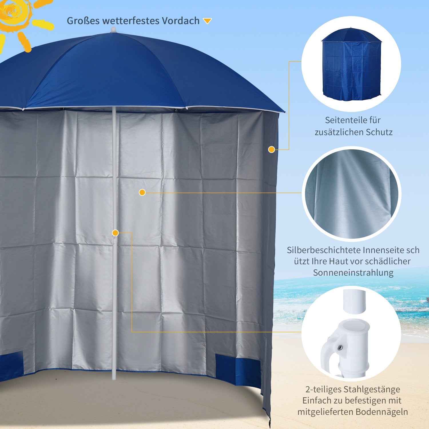 Strandparasoll med sidovägg, blå polyester, 2,2m