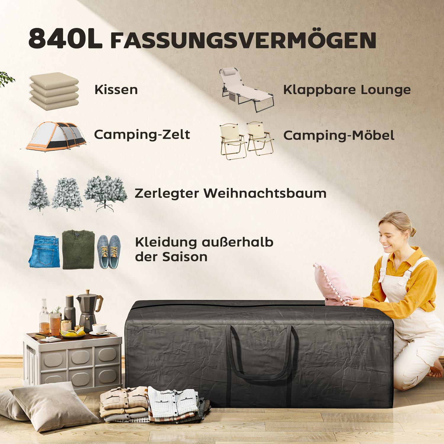 Černá voděodolná kempingová úložná taška 840L, UV30+, Heavy Duty
