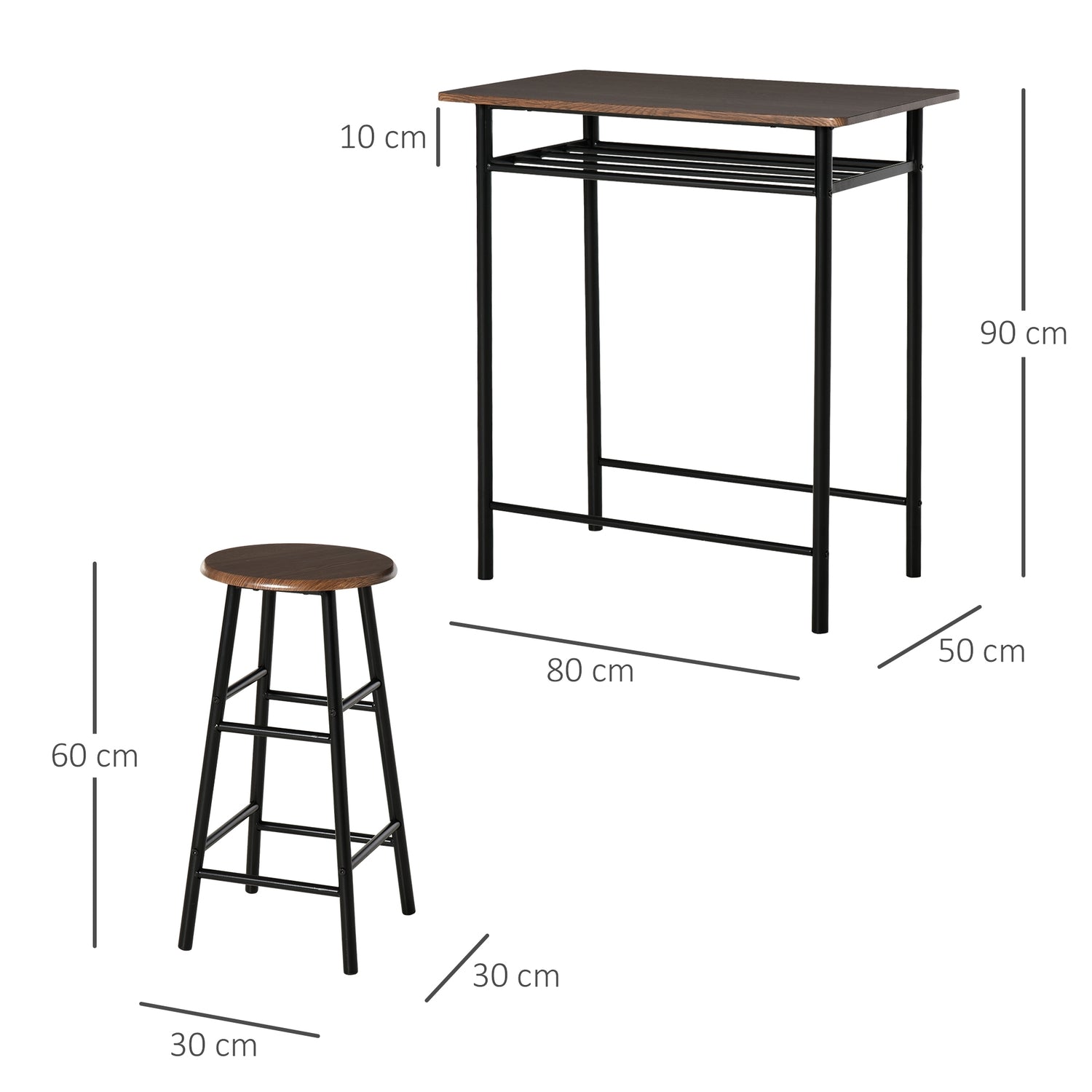 Svart Barbordsset med pallar & förvaring, 80x50x90 cm