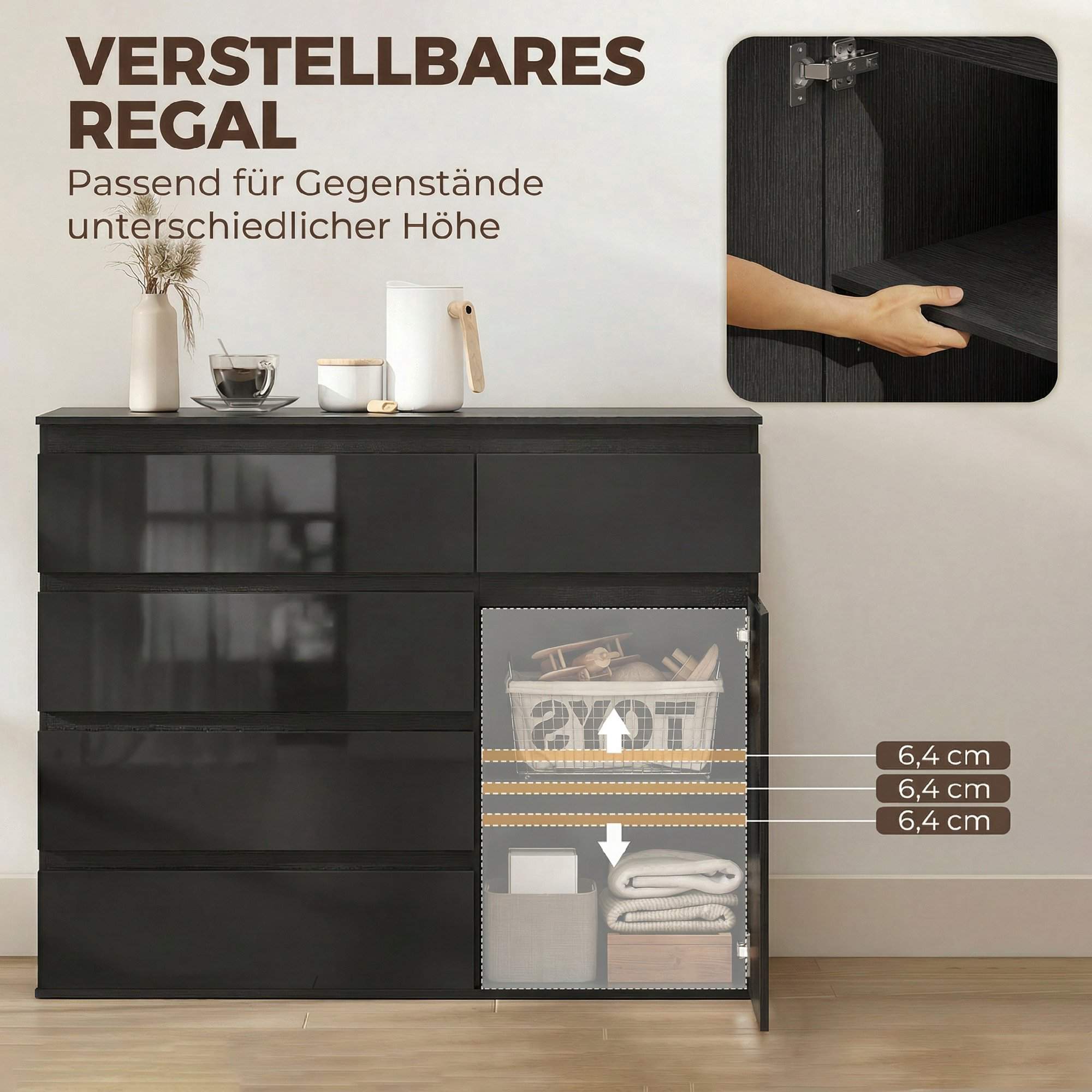 Svart högblank skänk med 5 lådor och justerbar hylla