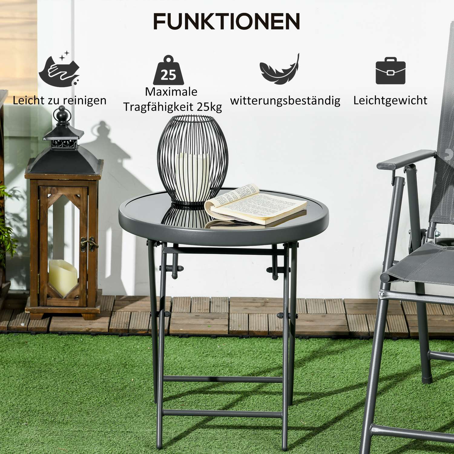 Černý skládací skleněný stůl – kompaktní na balkon i do obývacího pokoje