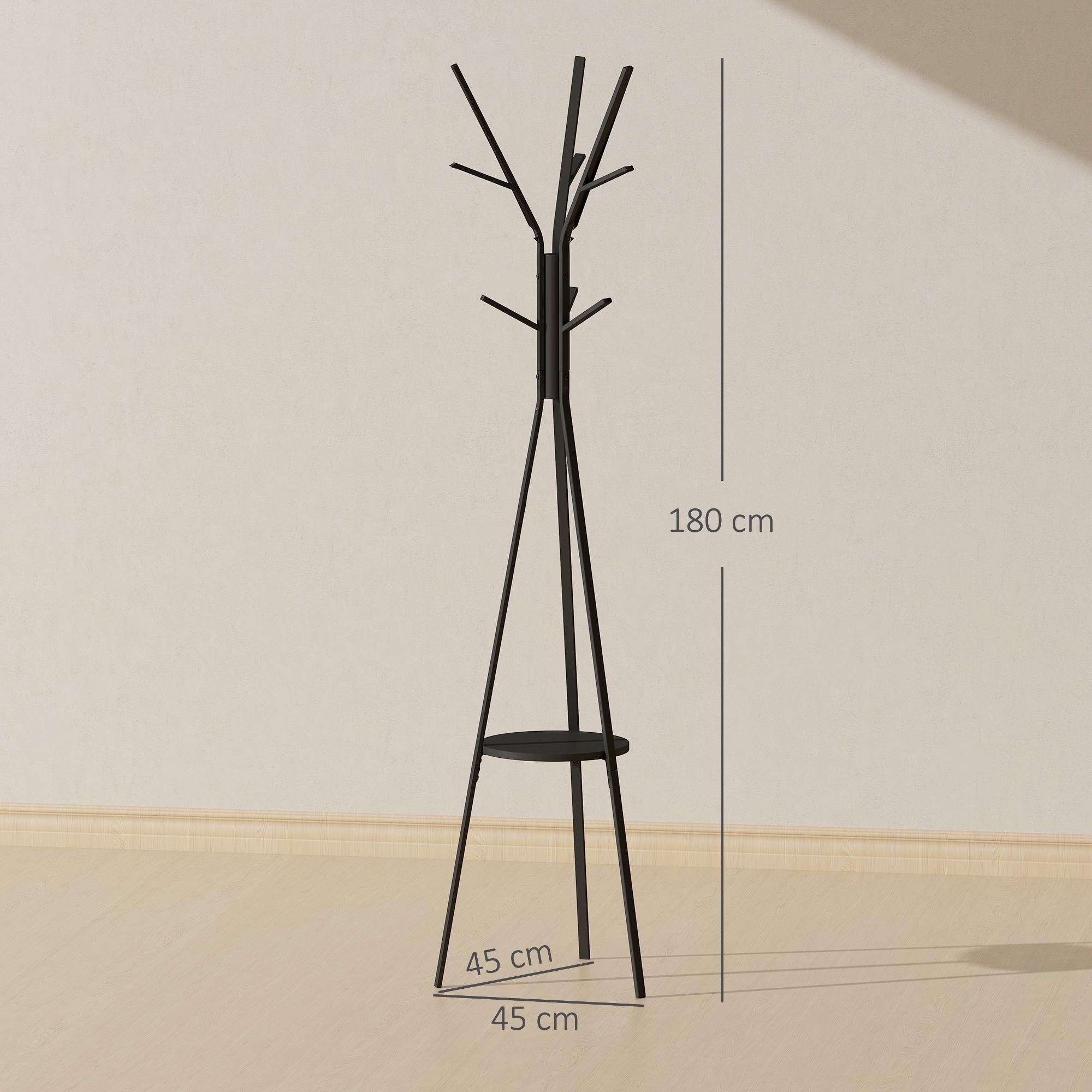 Svart klädhängare med hyllplan och 8 krokar, modern design