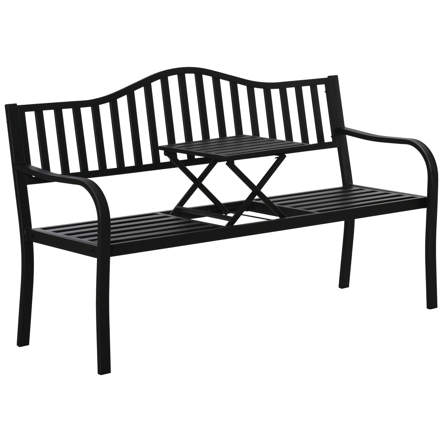 Svart metall parkbänk med utdragbart bord, 150cm