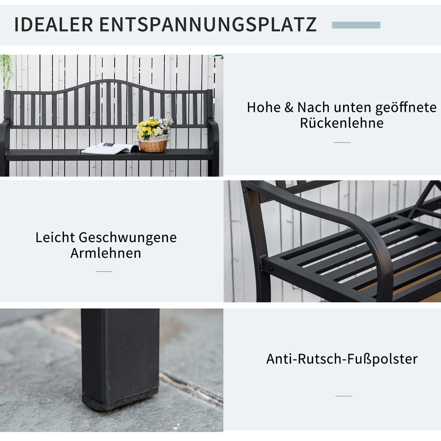 Svart metall parkbänk med utdragbart bord, 150cm