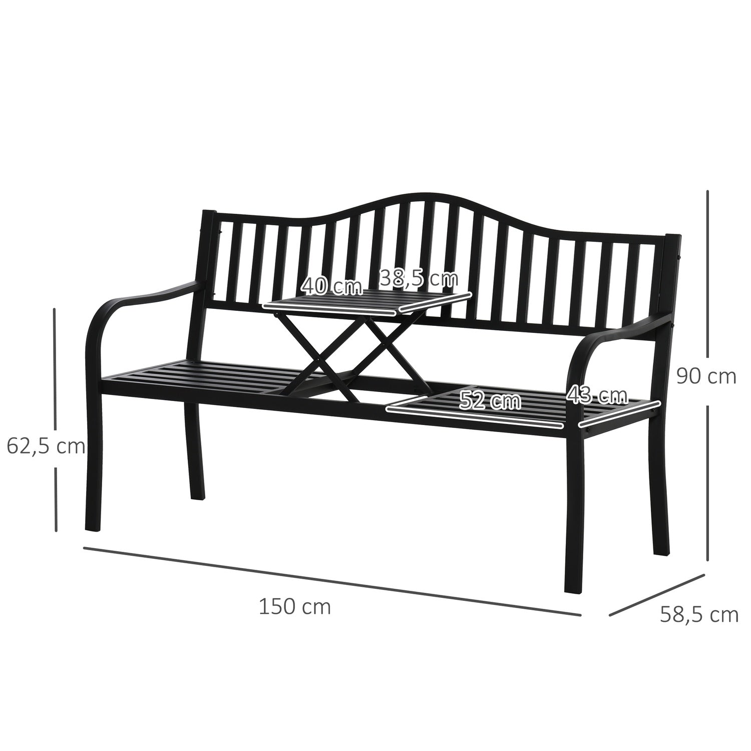 Svart metall parkbänk med utdragbart bord, 150cm