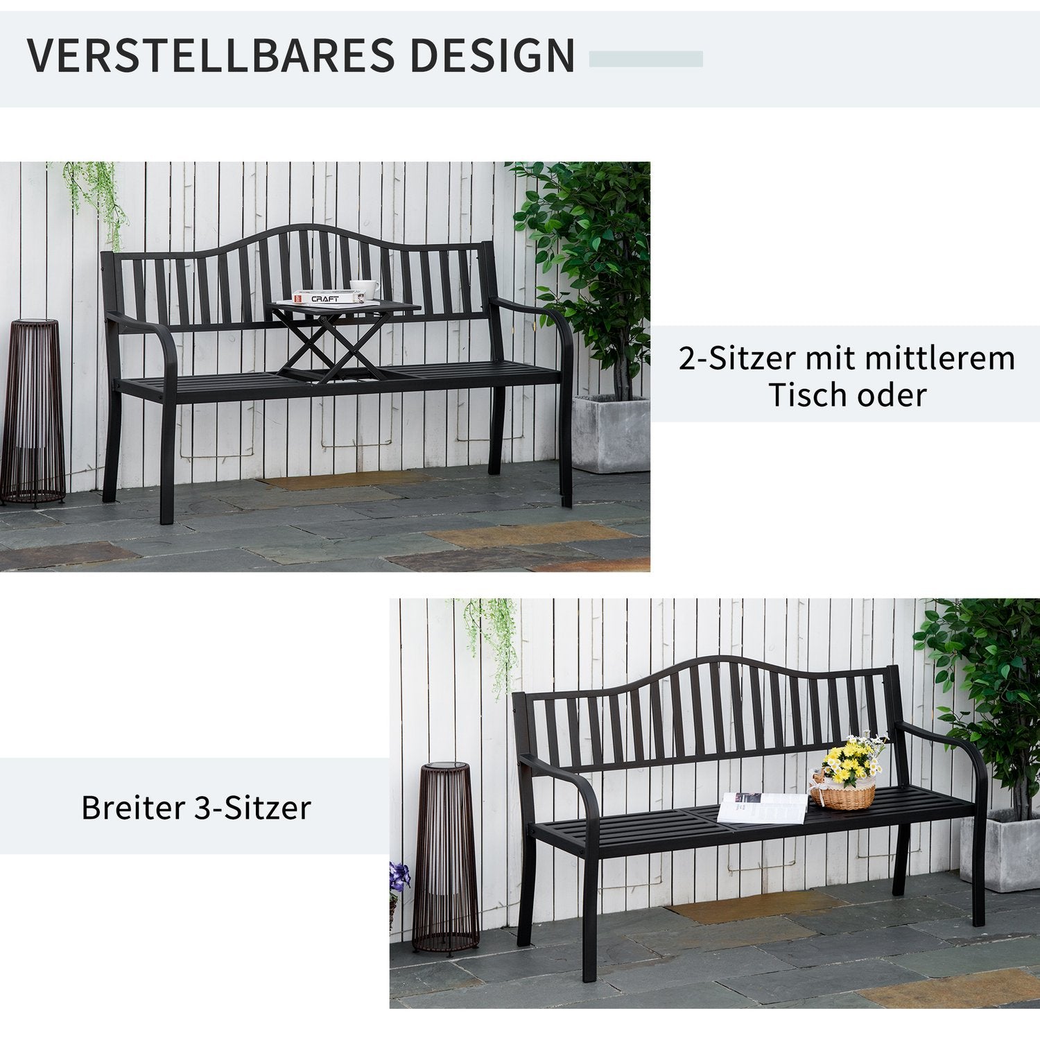 Svart metall parkbänk med utdragbart bord, 150cm