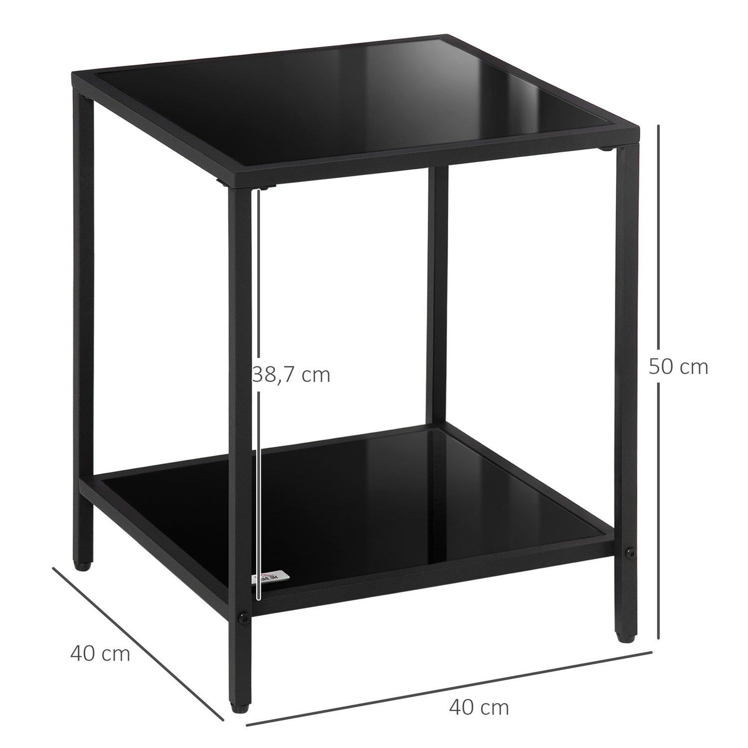 Svart sidobord i härdat glas – 2 våningar, 40 x 40 x 50 cm