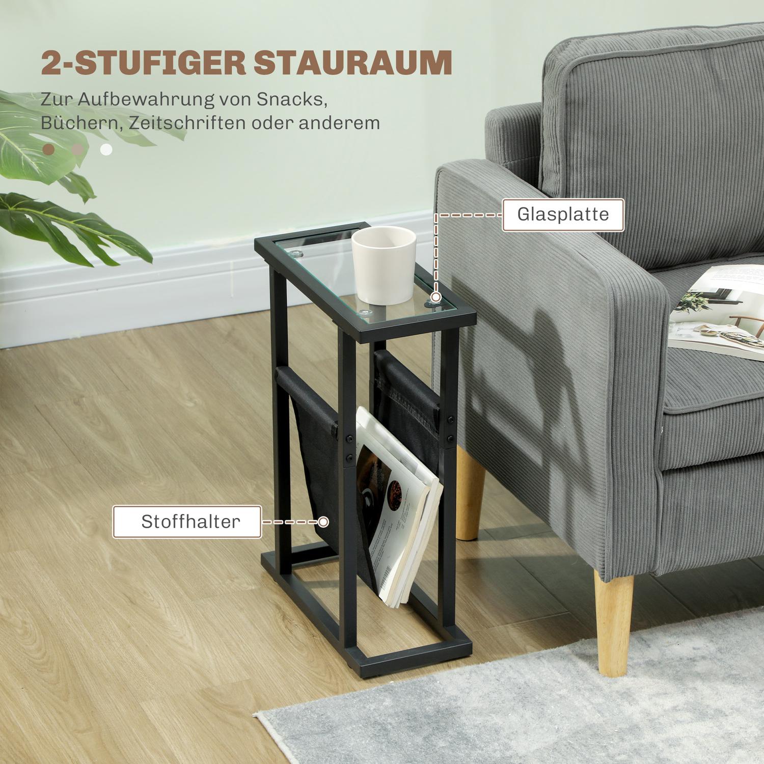 Svart sidobord i metall och glas med förvaringsväska i tyg
