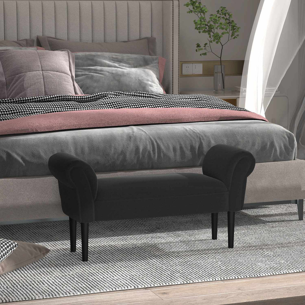 Černá čalouněná lavice do ložnice – MDF a pěna, 102x31x51 cm