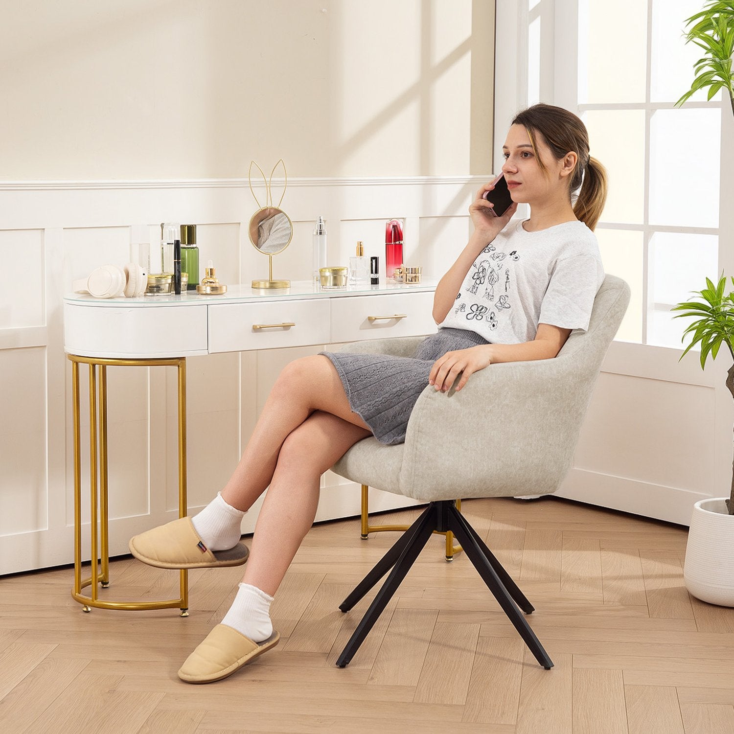 Swivel Accent Stol, Tygklädsel, Stålben, Beige