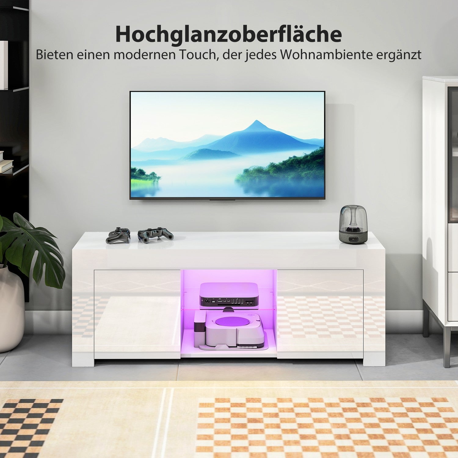 TV-bänk med RGB LED-lampor, blank vit finish