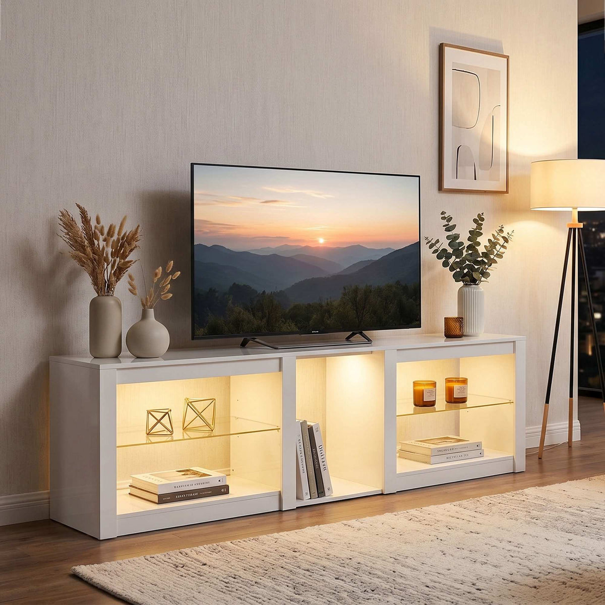 TV stolek s RGB LED osvětlením, vysoce lesklý bílý, 160 cm