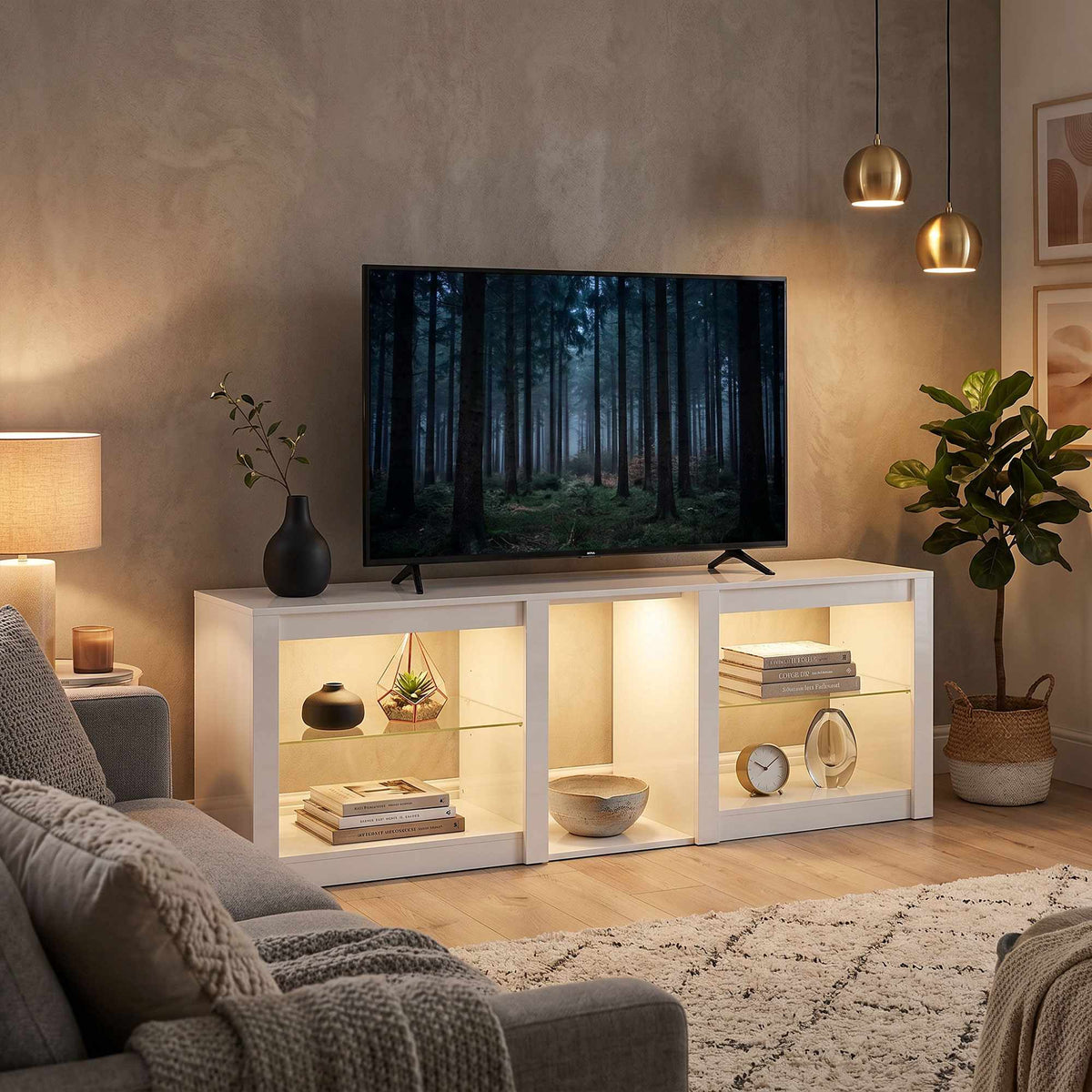 TV stolek s RGB LED osvětlením, vysoce lesklý bílý, 160 cm
