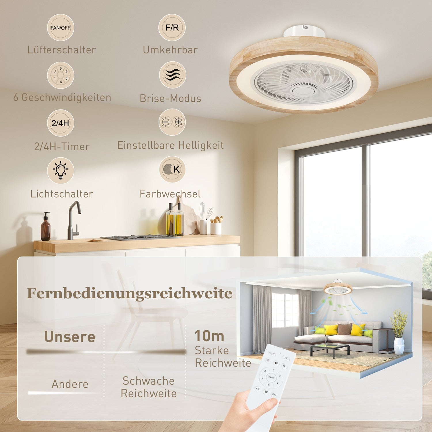 Stropní ventilátor se světlem, dálkovým ovládáním, stmívatelná LED, RGB, 6 rychlostí