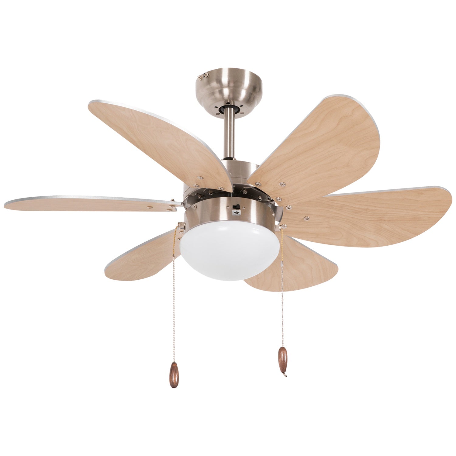 Stropní ventilátor s LED osvětlením, 6 oboustranných lopatek s dekorem buku