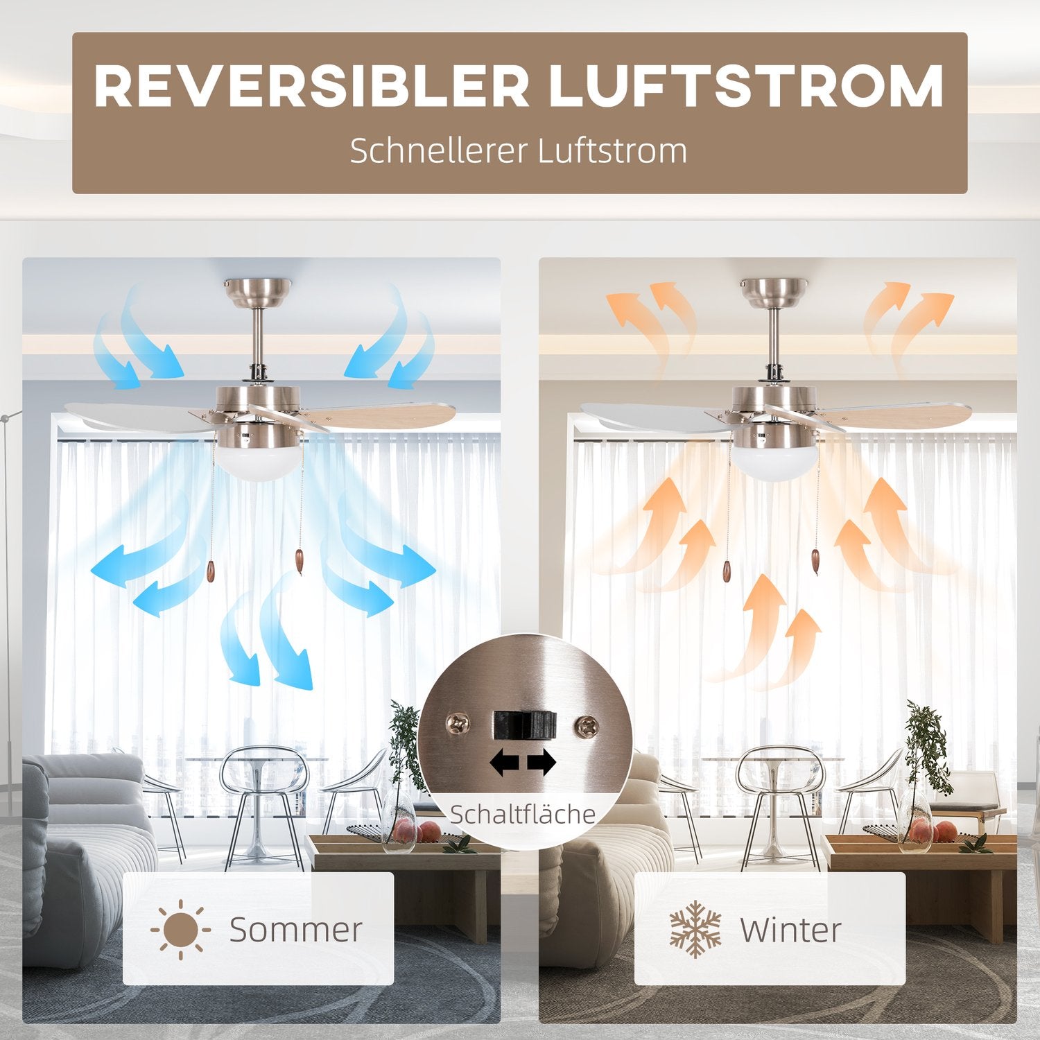 Stropní ventilátor s LED osvětlením, 6 oboustranných lopatek s dekorem buku