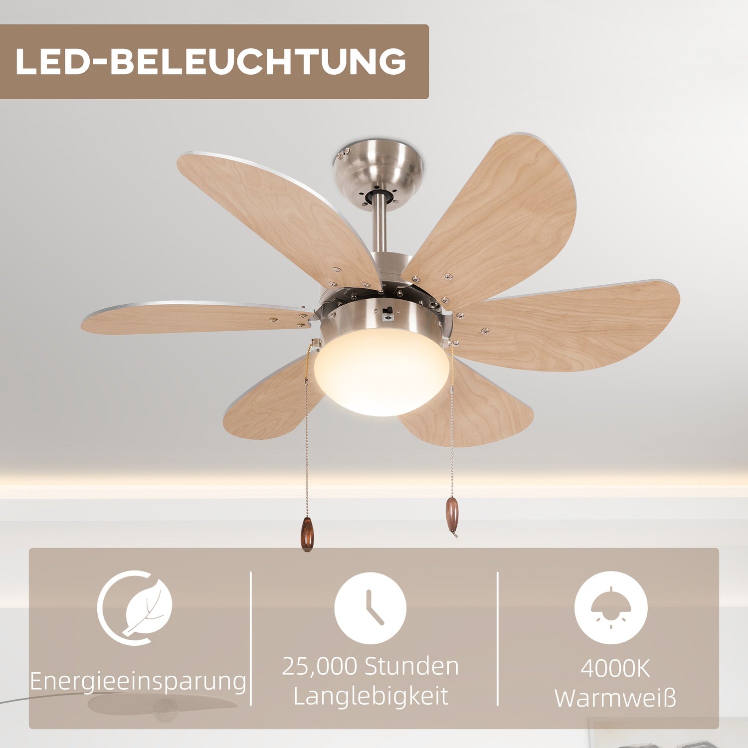Stropní ventilátor s LED osvětlením, 6 oboustranných lopatek s dekorem buku