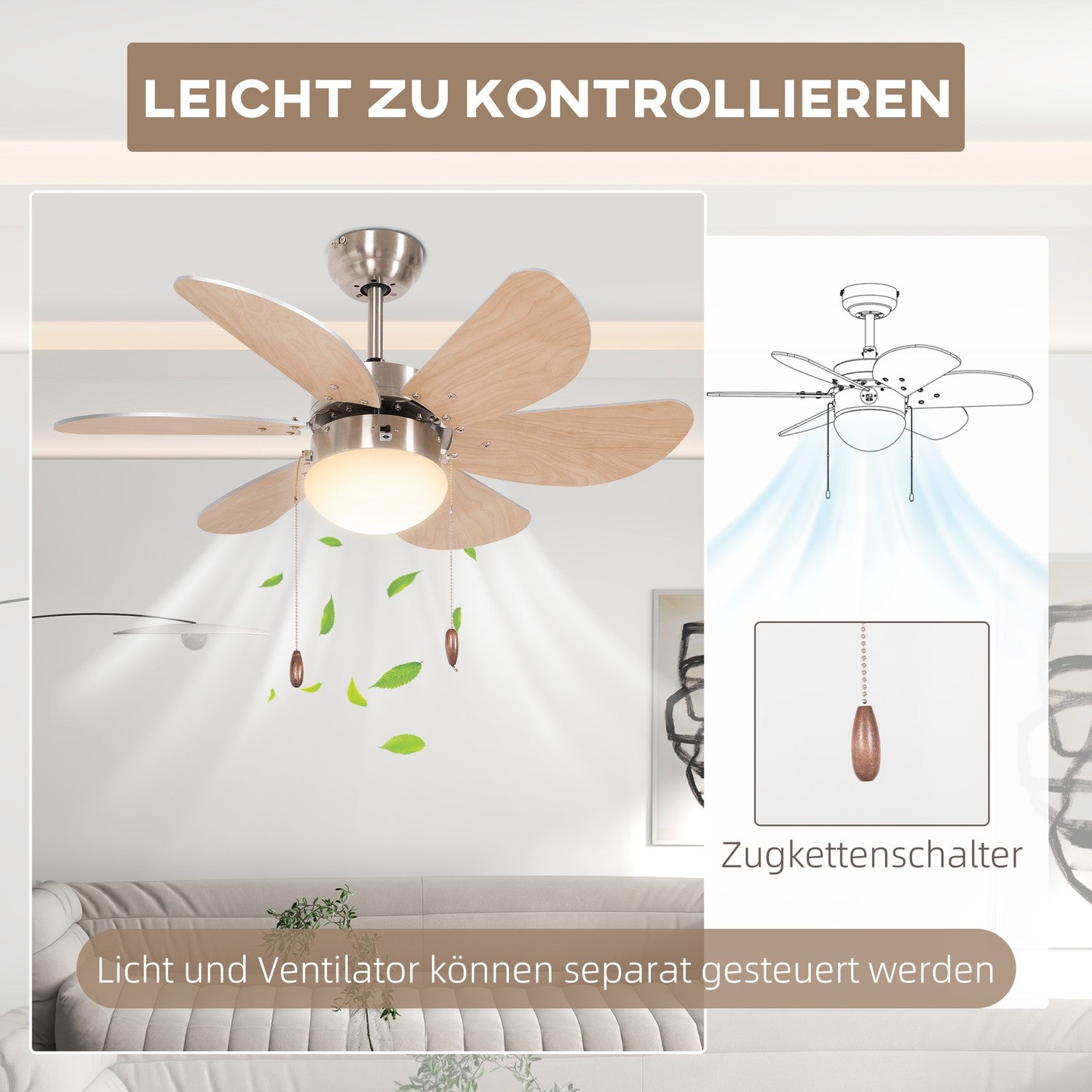Stropní ventilátor s LED osvětlením, 6 oboustranných lopatek s dekorem buku