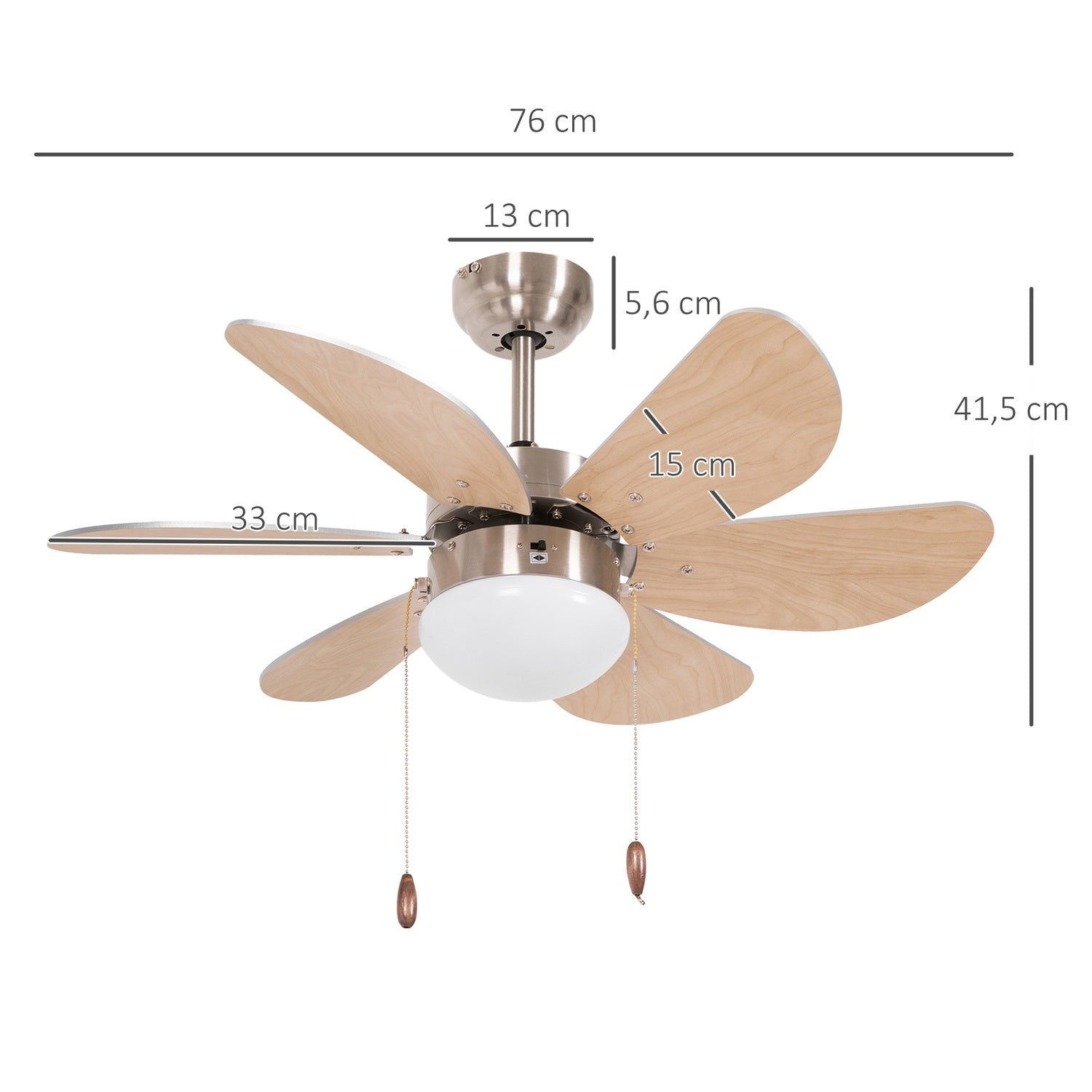 Stropní ventilátor s LED osvětlením, 6 oboustranných lopatek s dekorem buku