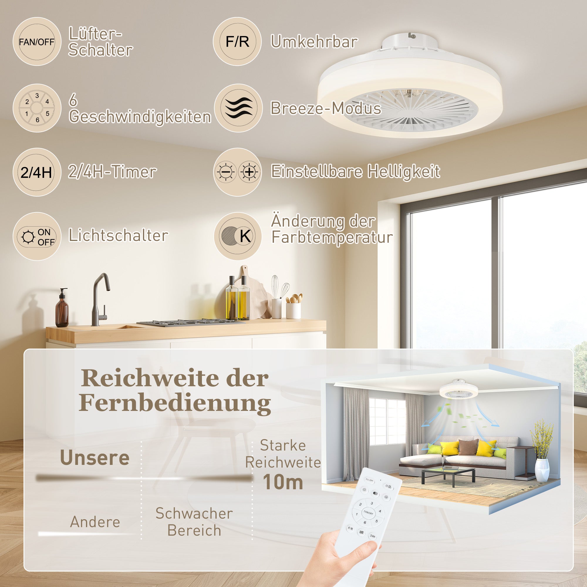Stropní ventilátor s LED světlem, dálkovým ovládáním, stmívatelný, 6 rychlostí