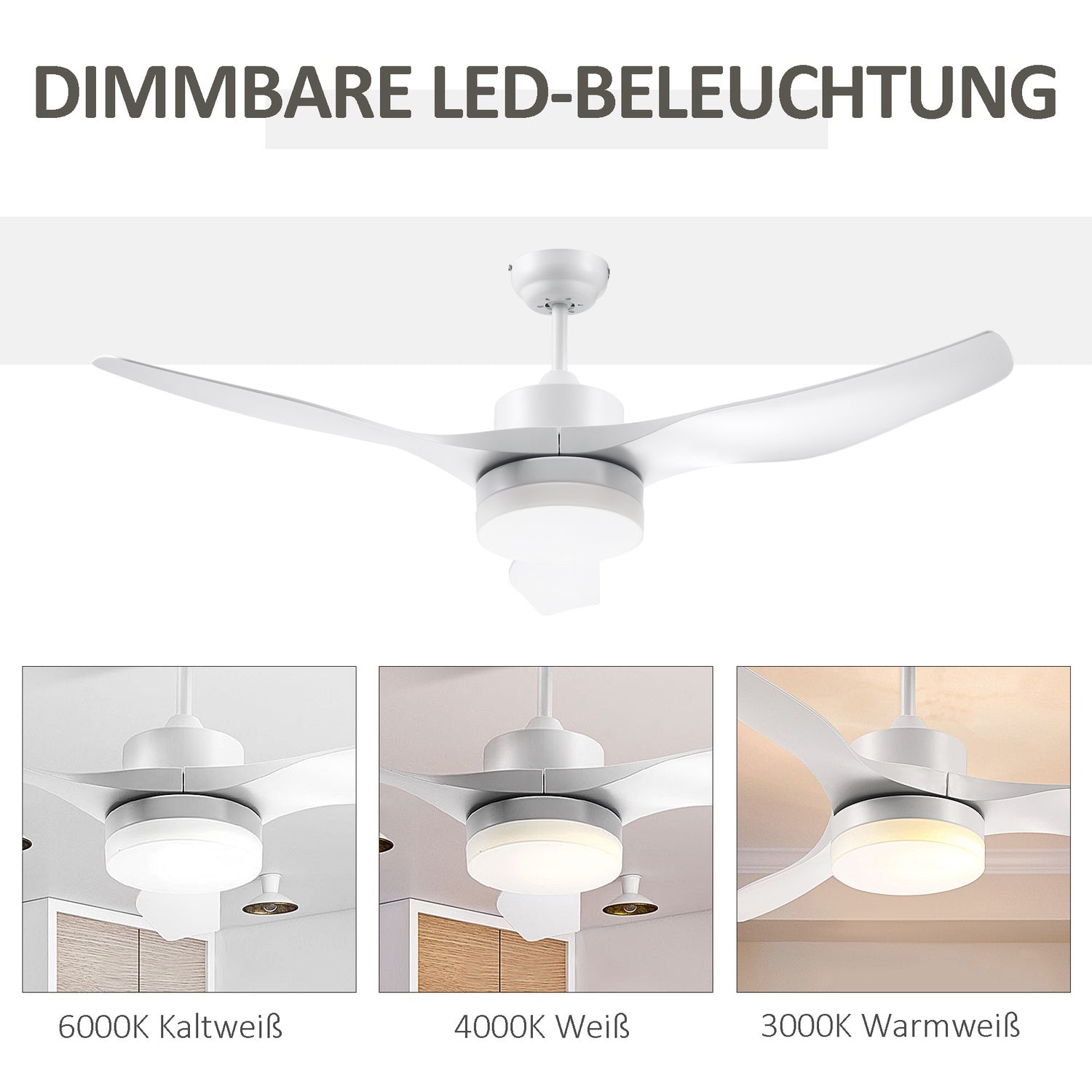 Takfläkt med LED-ljus och fjärrkontroll, 6 hastigheter, vit