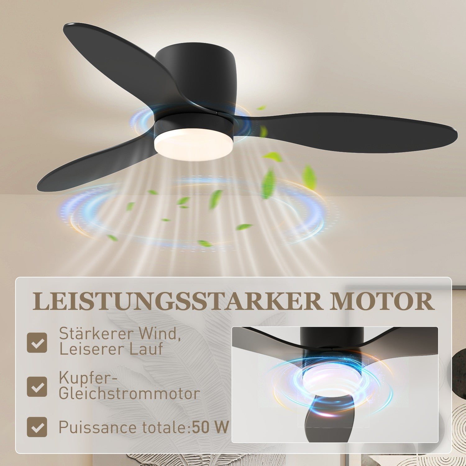 Stropní ventilátor se světlem, dálkovým ovládáním a časovačem – 115 cm, 6 rychlostí