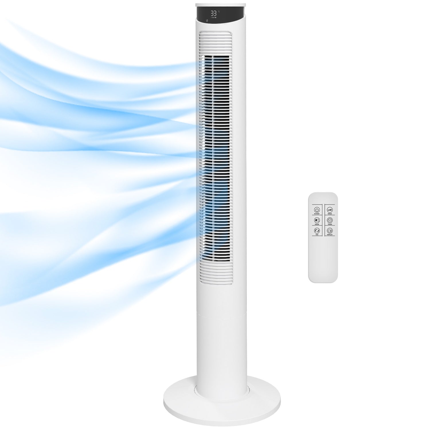 Věžový ventilátor – 3 rychlosti, dálkové ovládání, časovač, oscilace 70°, bílý