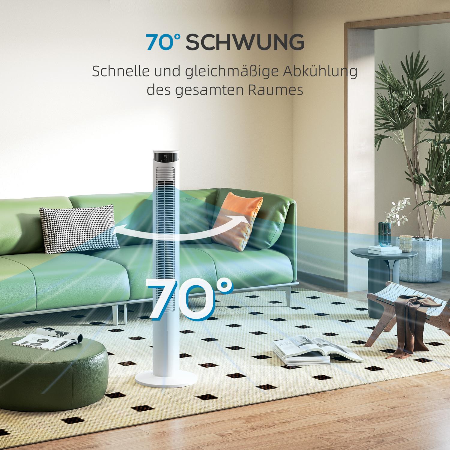 Věžový ventilátor – 3 rychlosti, dálkové ovládání, časovač, oscilace 70°, bílý