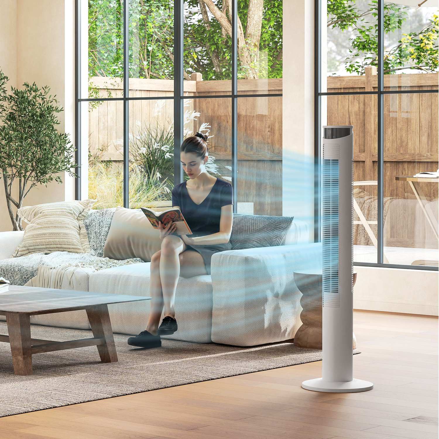 Věžový ventilátor – 3 rychlosti, dálkové ovládání, časovač, oscilace 70°, bílý