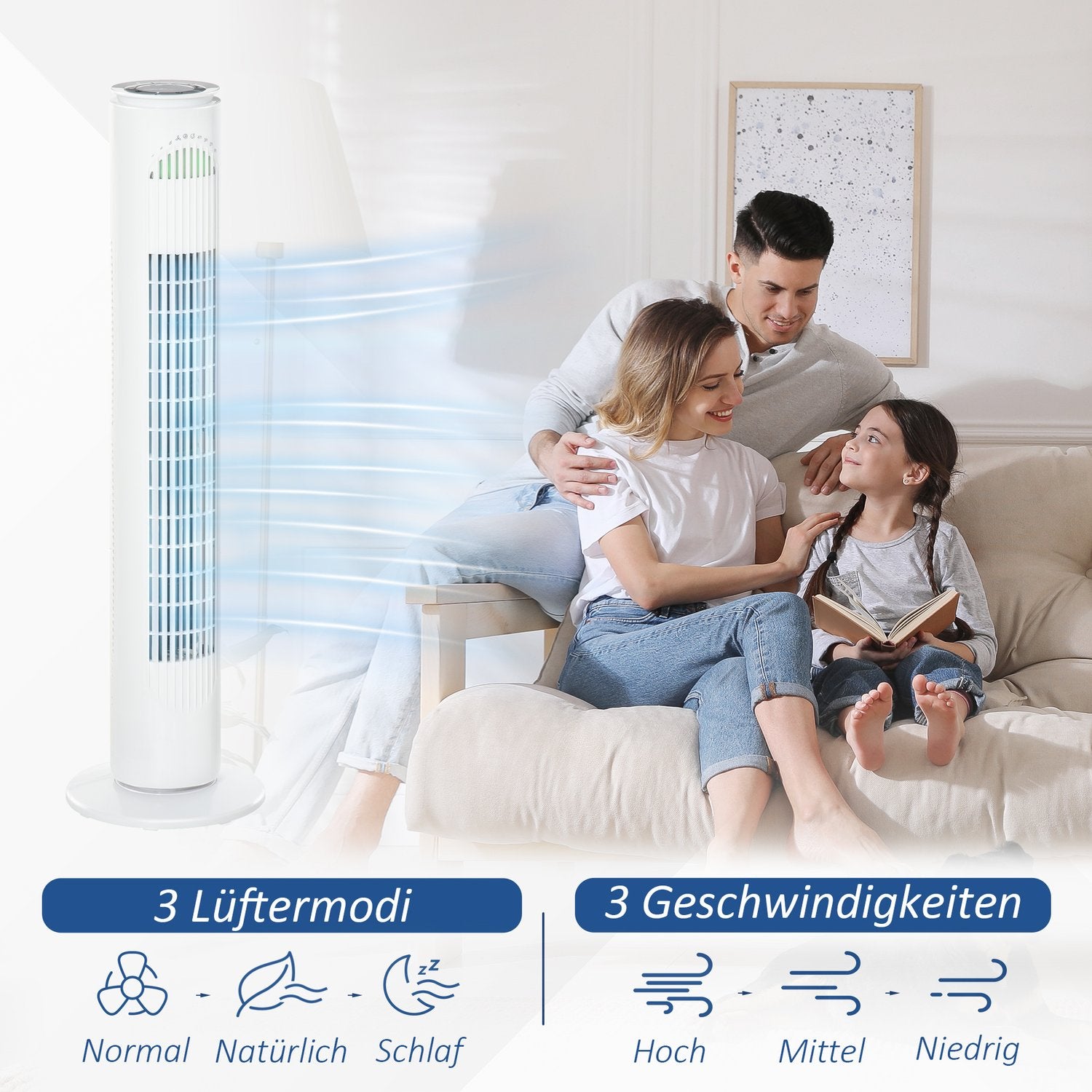 Tornfläkt med 70° oscillation, 77 cm, 45W, 3 hastigheter
