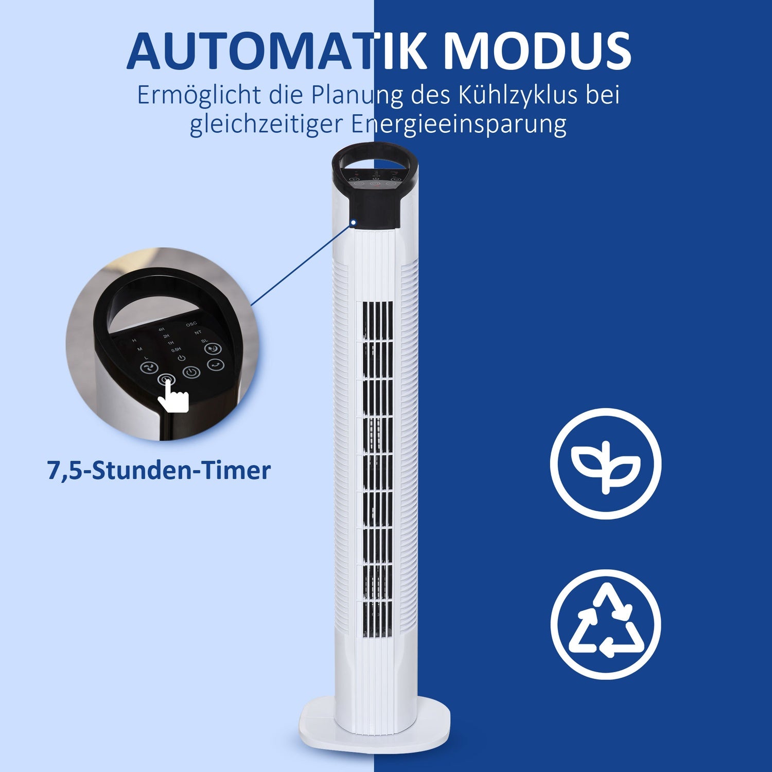 Tornfläkt med 70° oscillation, 78,5 cm, 50W effekt, 3 hastigheter, vit