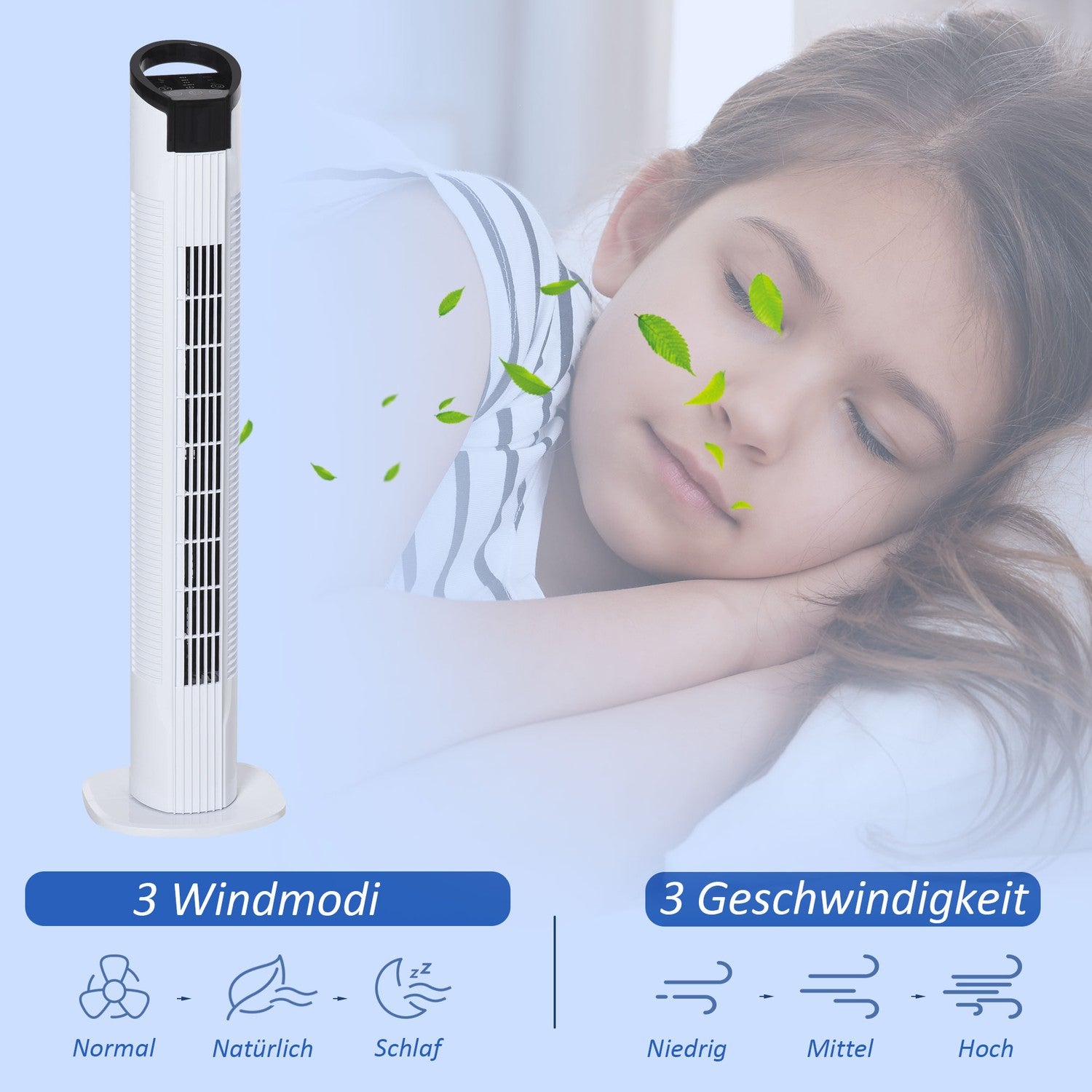 Tornfläkt med 70° oscillation, 78,5 cm, 50W effekt, 3 hastigheter, vit