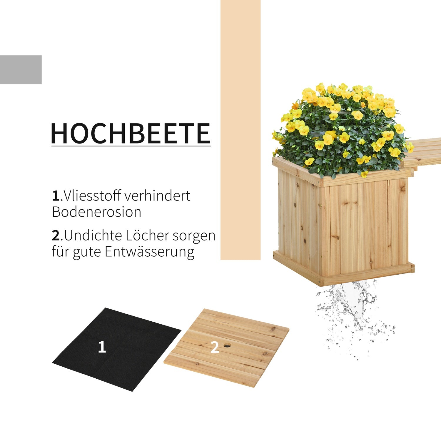 Trädgårdsbänk med dubbla planteringar, naturlig finish